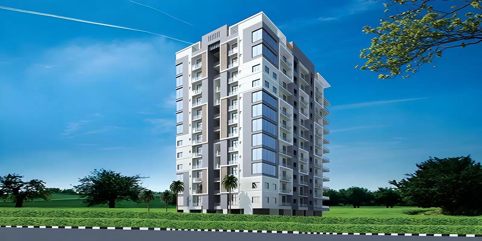 Exterior facade of Arabian Gate 1 apartment building in Dubai Land Residence Complex