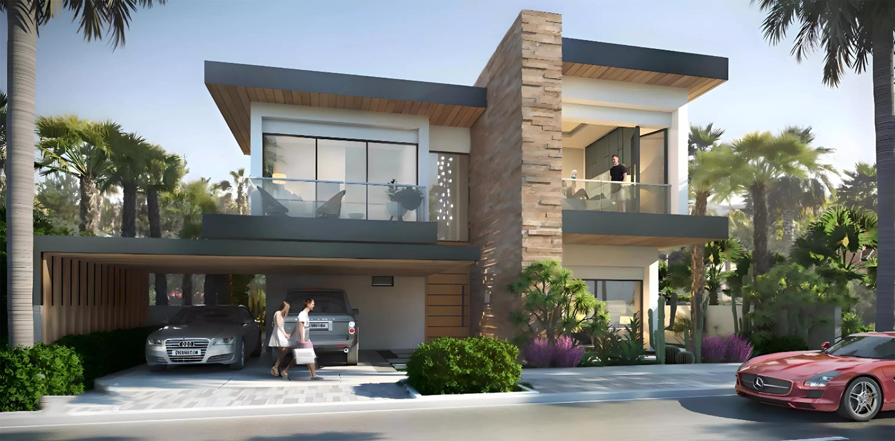 Costa Brava villa facade and private driveway, DAMAC Lagoons, Dubai