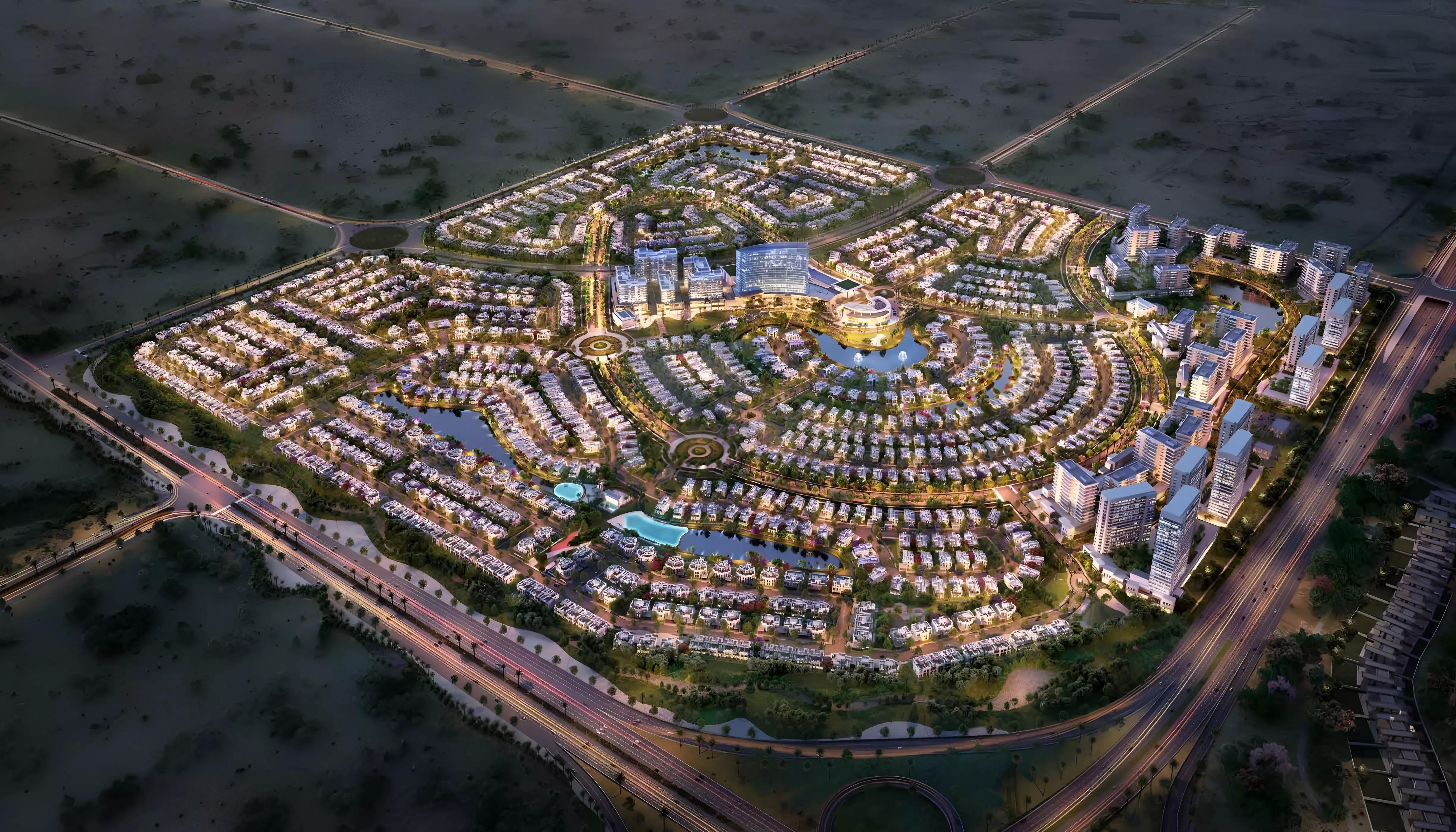 Hayat by Dubai South residential street view among townhouse rows, Dubai South