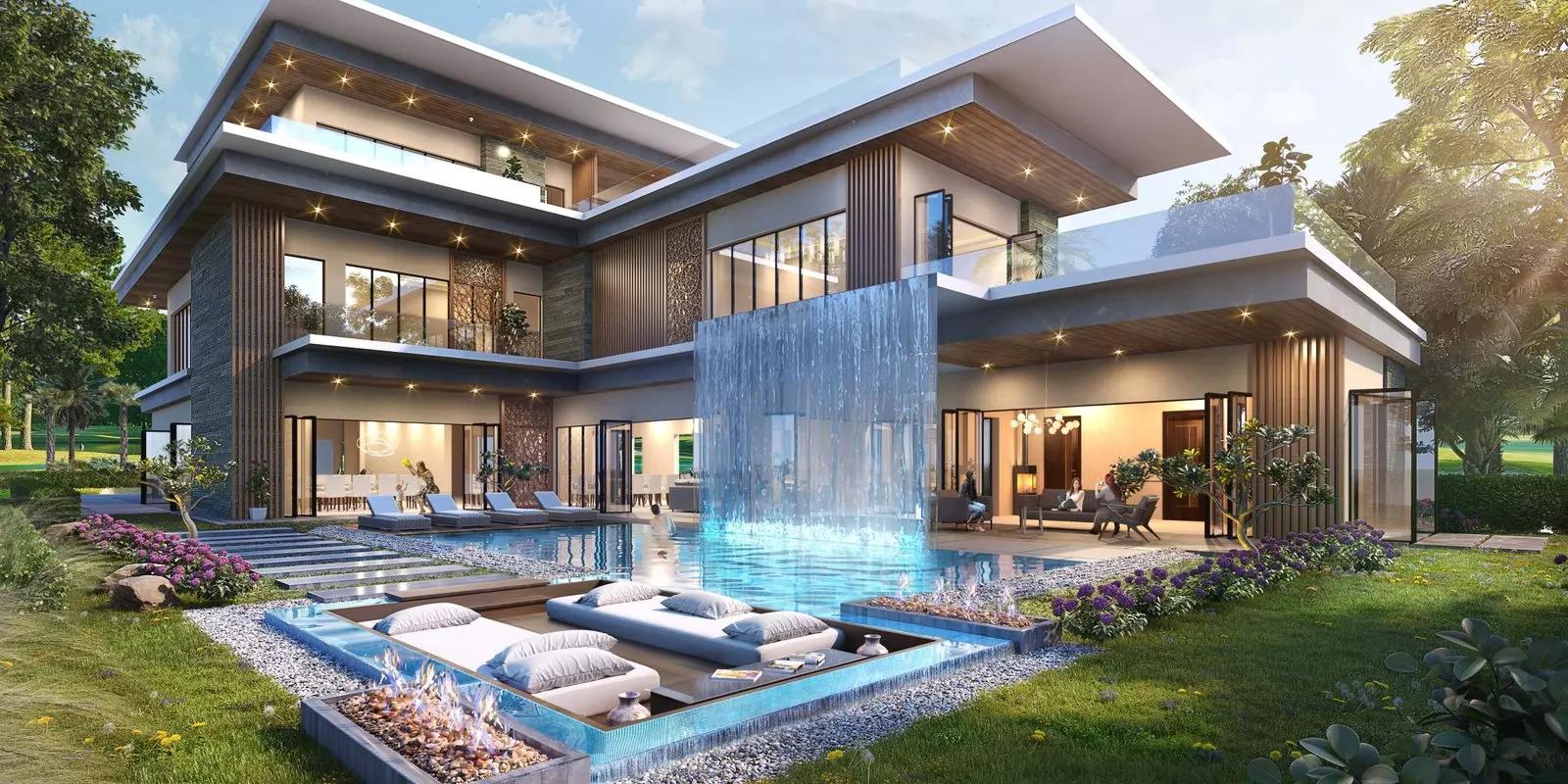 Portofino villa exterior with landscaped garden, DAMAC Lagoons, Dubai