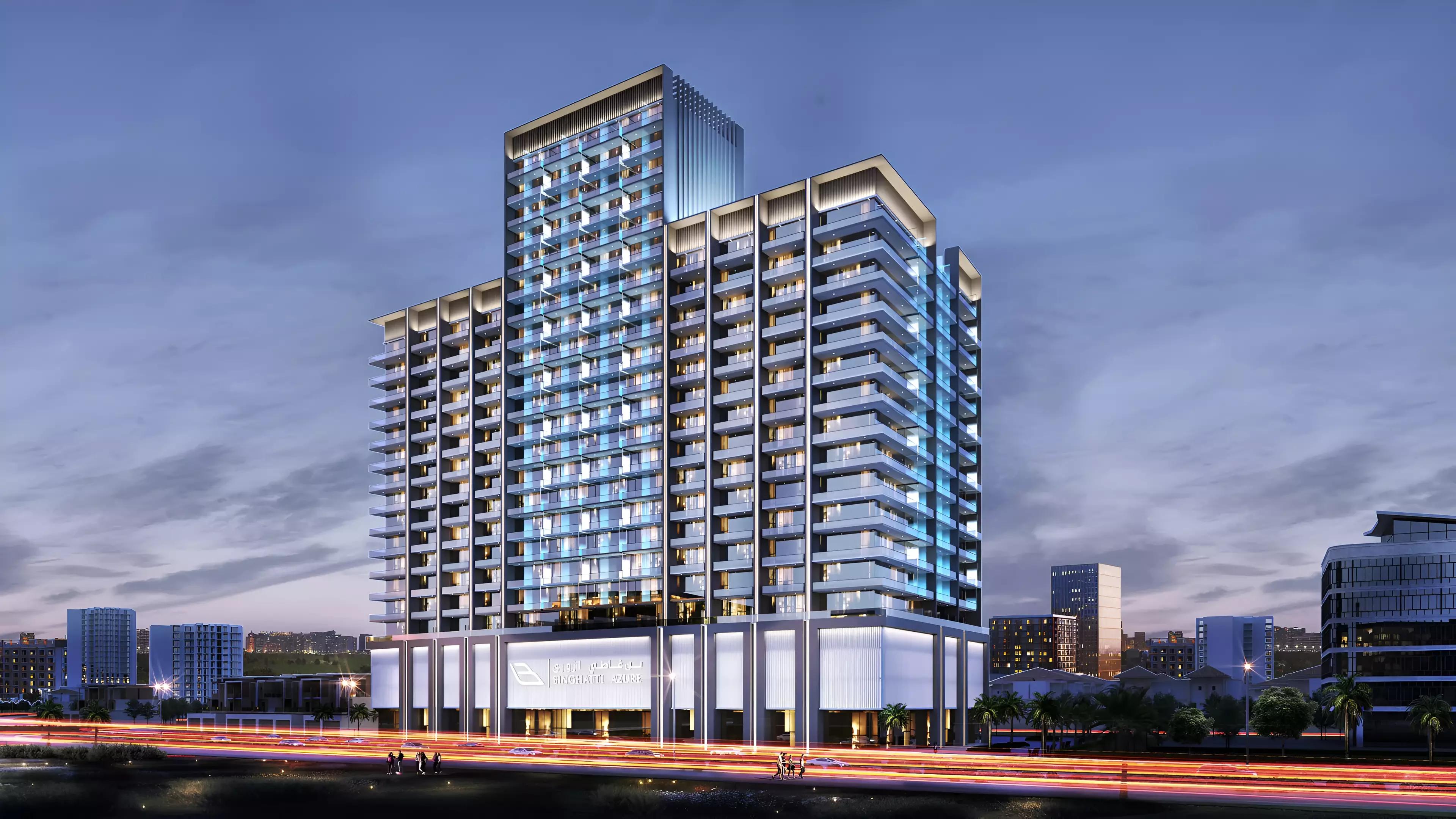 Binghatti Azure building view from street level, JVC, Dubai