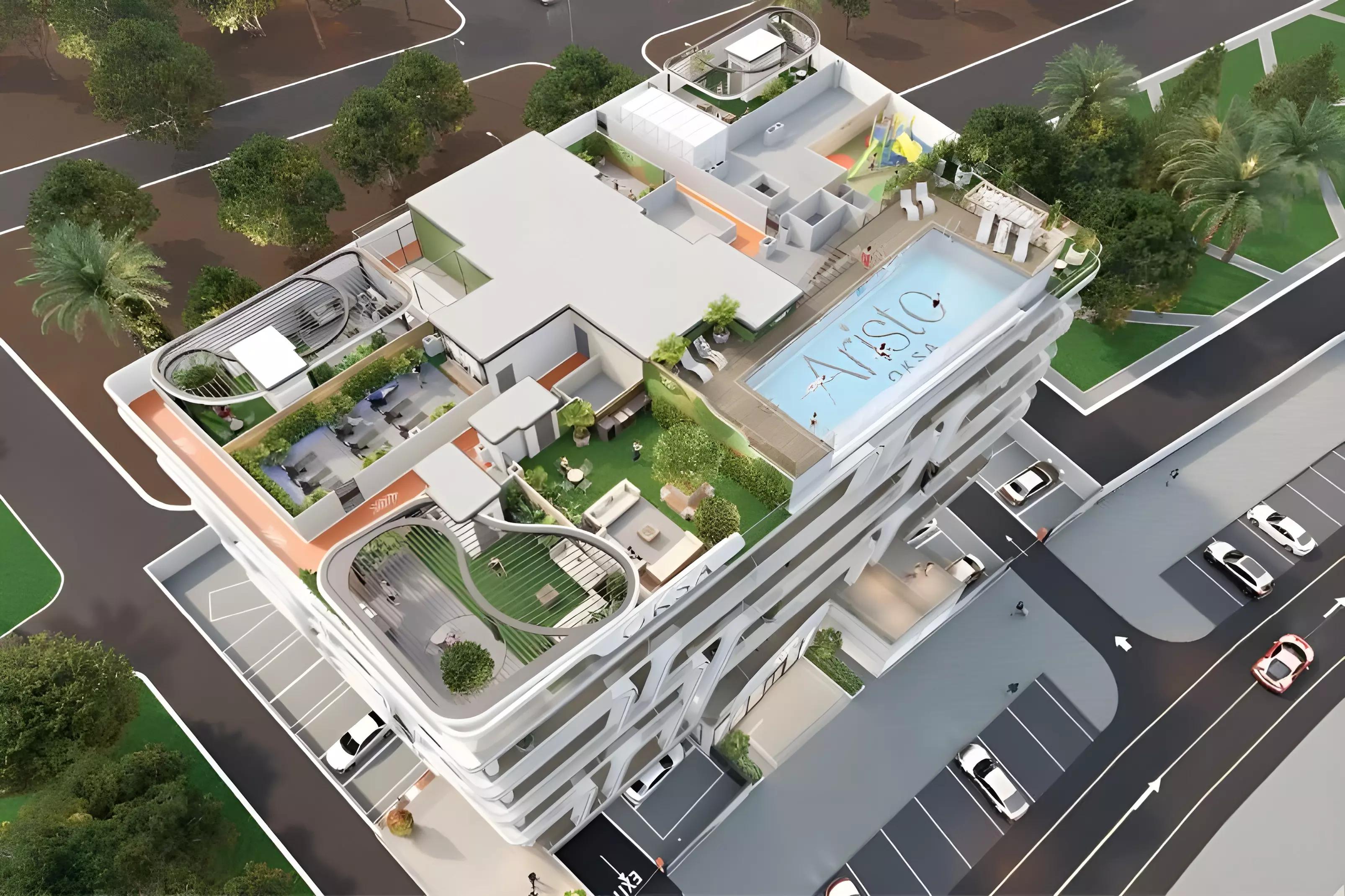 Aristo residential facade view with landscaped surroundings, Dubai South