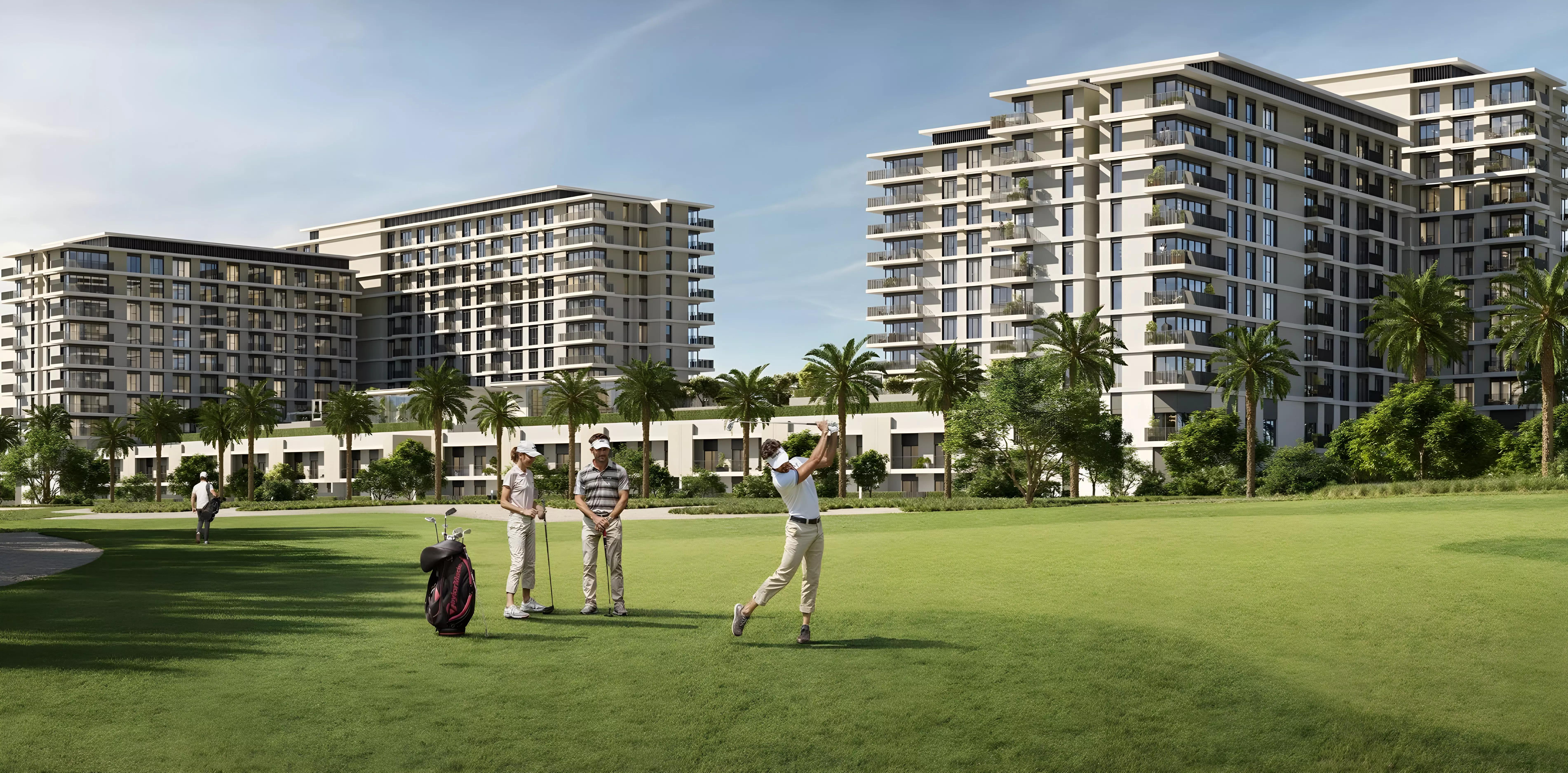 Golf Hills apartment building overlooking landscaped fairways, Emaar South