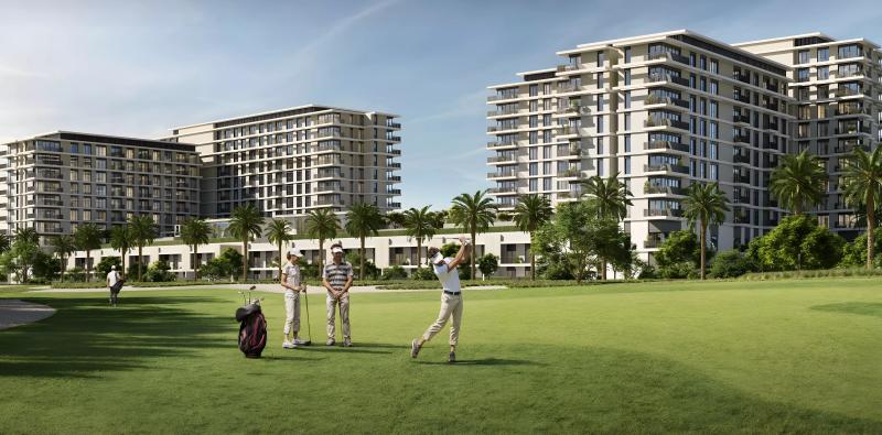 Golf Hills apartment building overlooking landscaped fairways, Emaar South