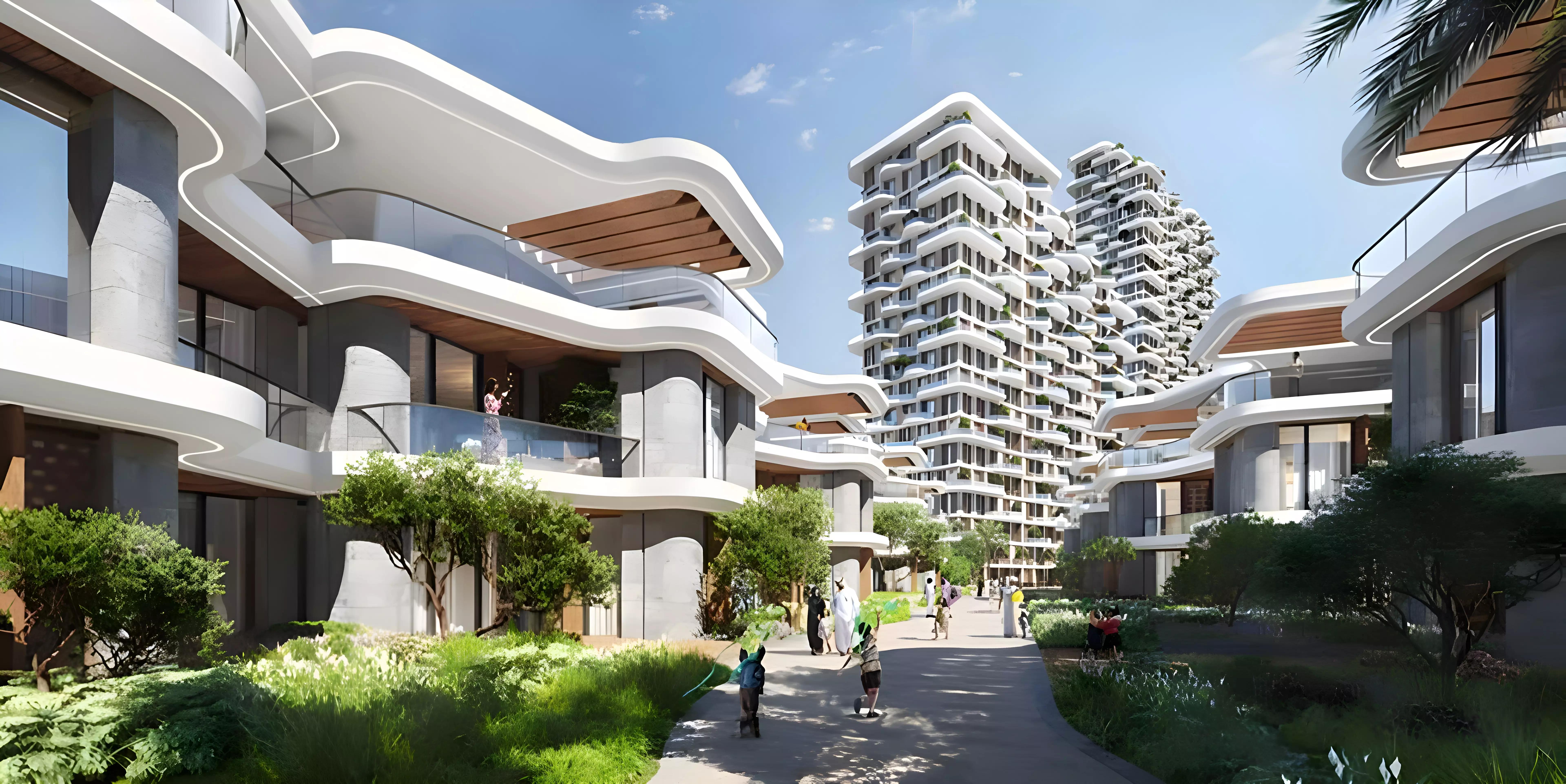 Takaya Melody townhouse street view with driveway and greenery, Motor City, Dubai