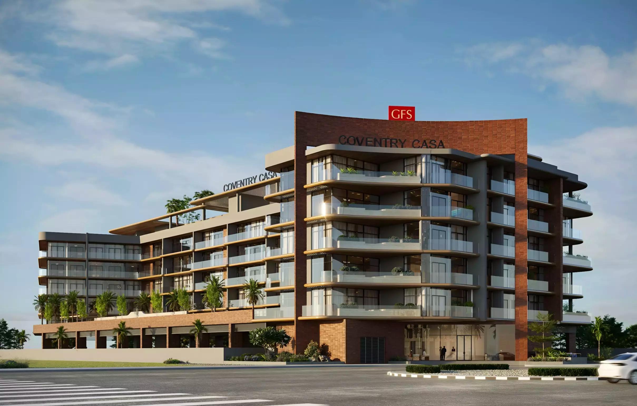 Coventry Casa building elevation with landscaped surroundings, Dubai Industrial City