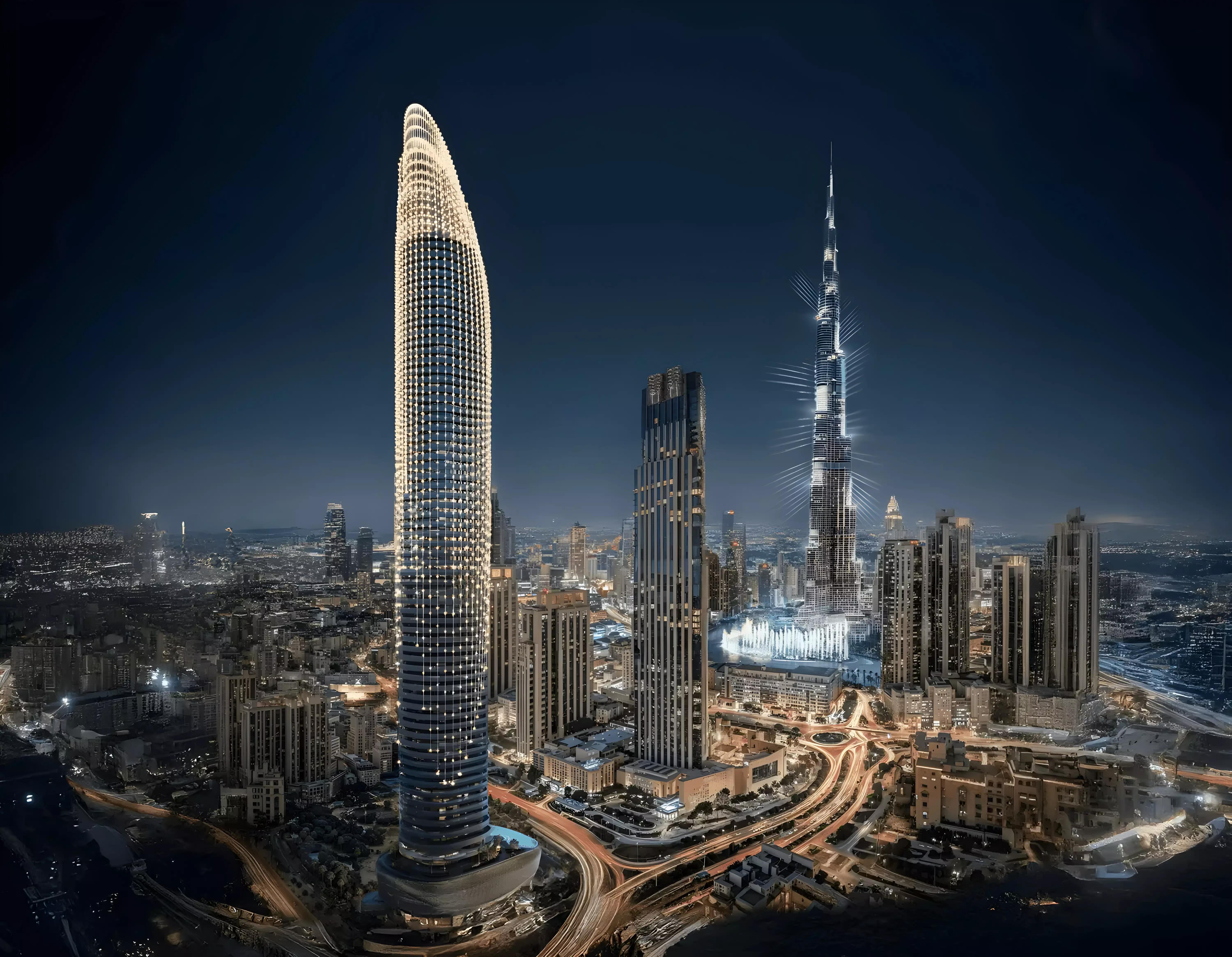 Binghatti Skyblade facade detail with Downtown Dubai skyline