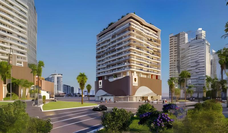 Exterior facade of Lucky Oasis Residence apartment building in Jumeirah Village Circle, Dubai