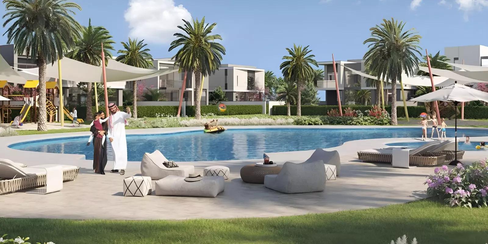 Infinity pool and landscaped garden area at Murooj Al Furjan, Al Furjan, Dubai