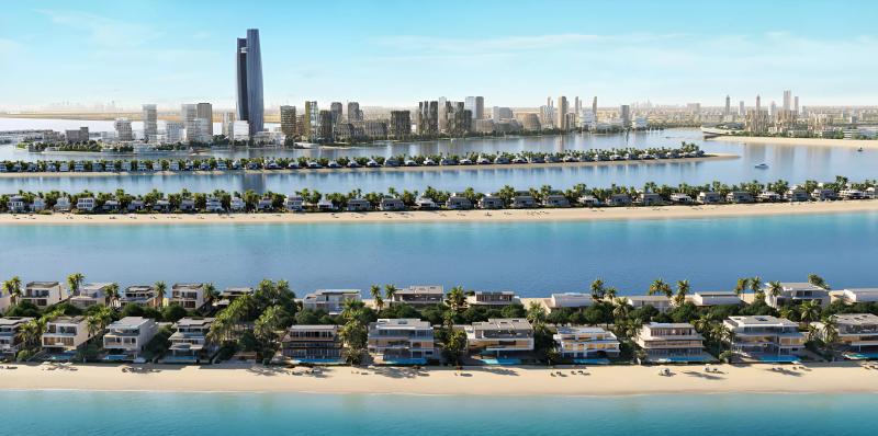Aerial view of Palm Jebel Ali Frond B waterfront development, Dubai