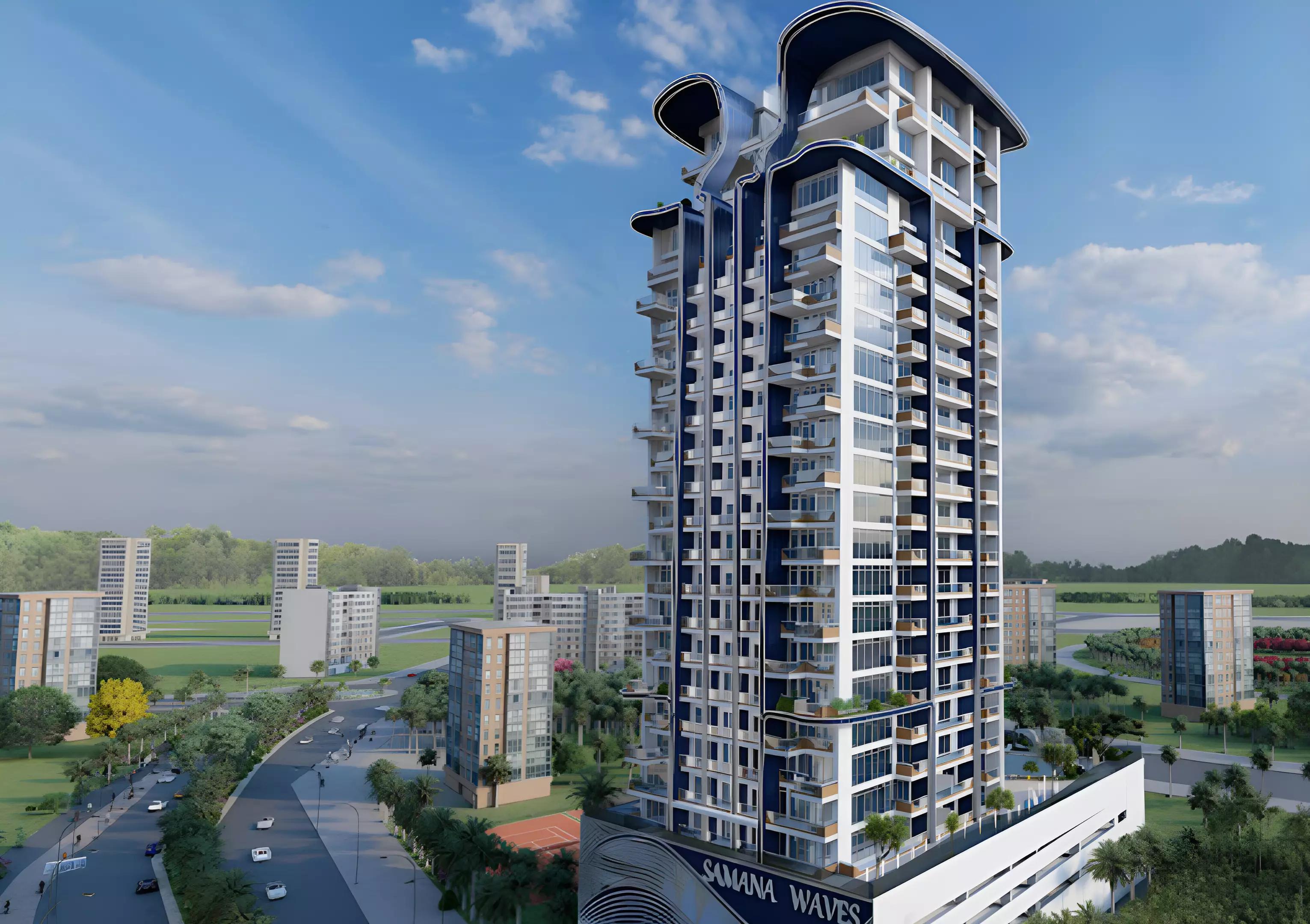 Samana Waves exterior facade with landscaped surroundings, JVC, Dubai