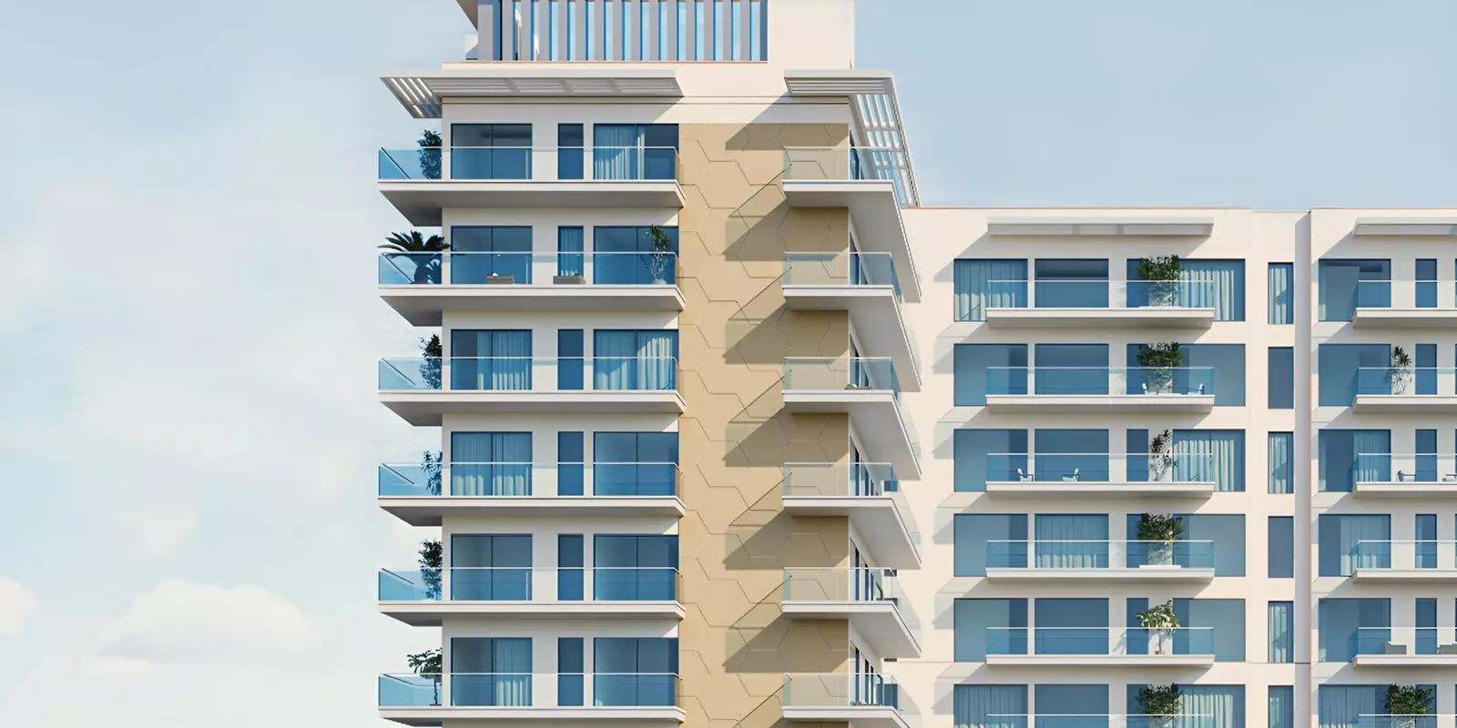 Symbolic Alpha building view showing apartment balconies, Liwan