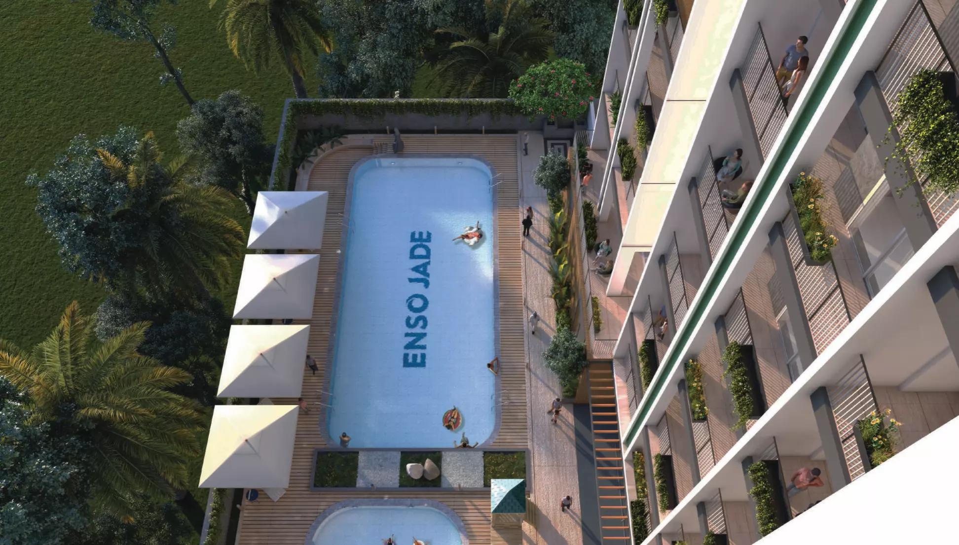 Enso Jade building entrance and landscaped approach, Al Satwa, Dubai