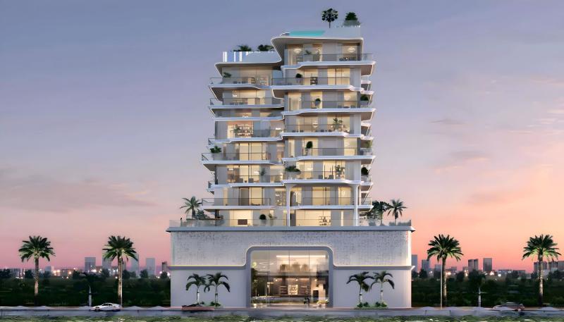 Luminous Coastal Living apartment building exterior render, Dubai Islands, Dubai