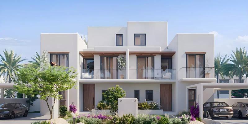 Rivana townhouse exterior with landscaped front garden, The Valley, Dubai