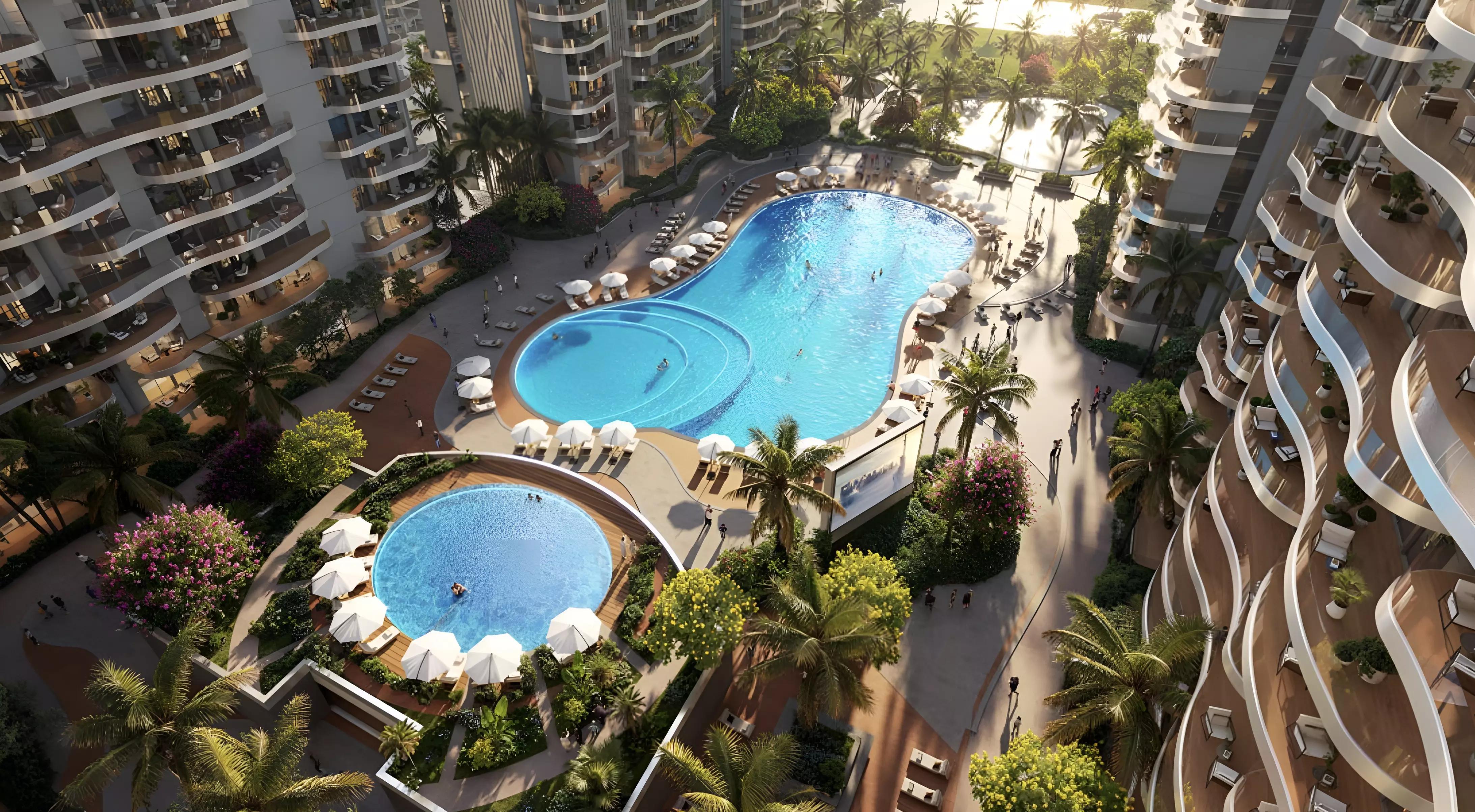 The Acres Phase 3 community pathway lined with greenery, Dubai Land, Dubai