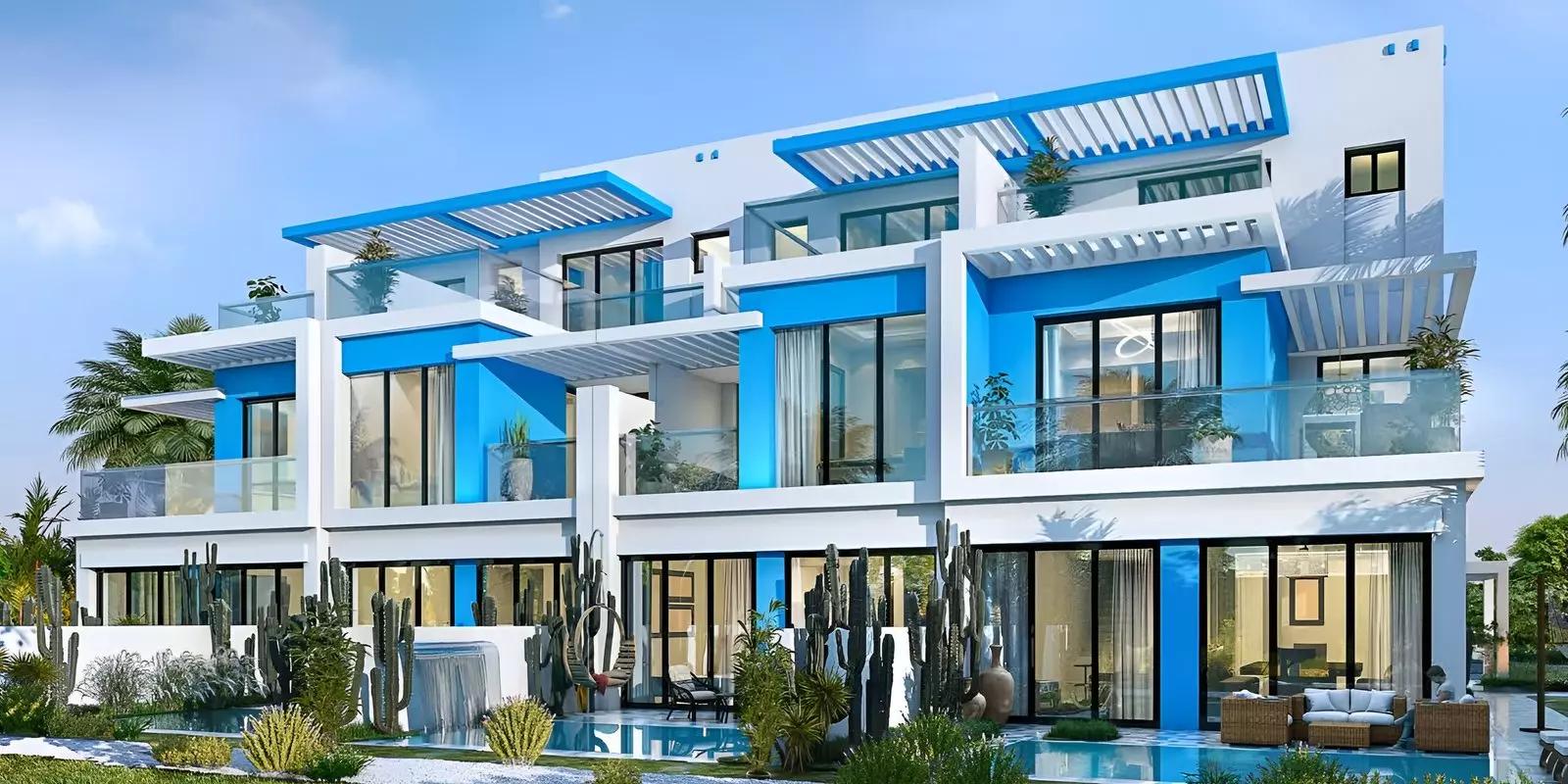 Santorini villa exterior with landscaped garden at DAMAC Lagoons, Dubai