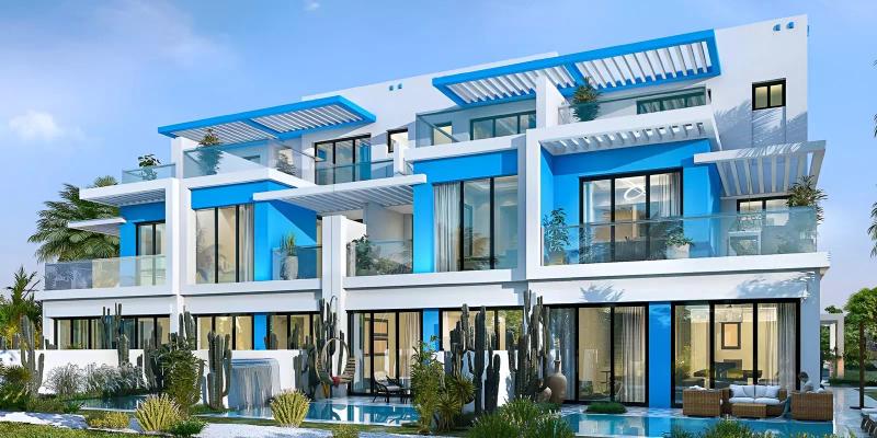 Santorini villa exterior with landscaped garden at DAMAC Lagoons, Dubai