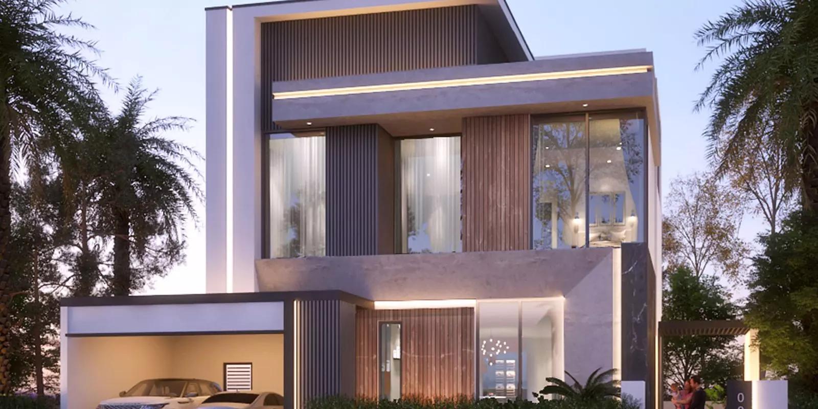 Paradise Hills townhouse street view with private driveways, Dubai