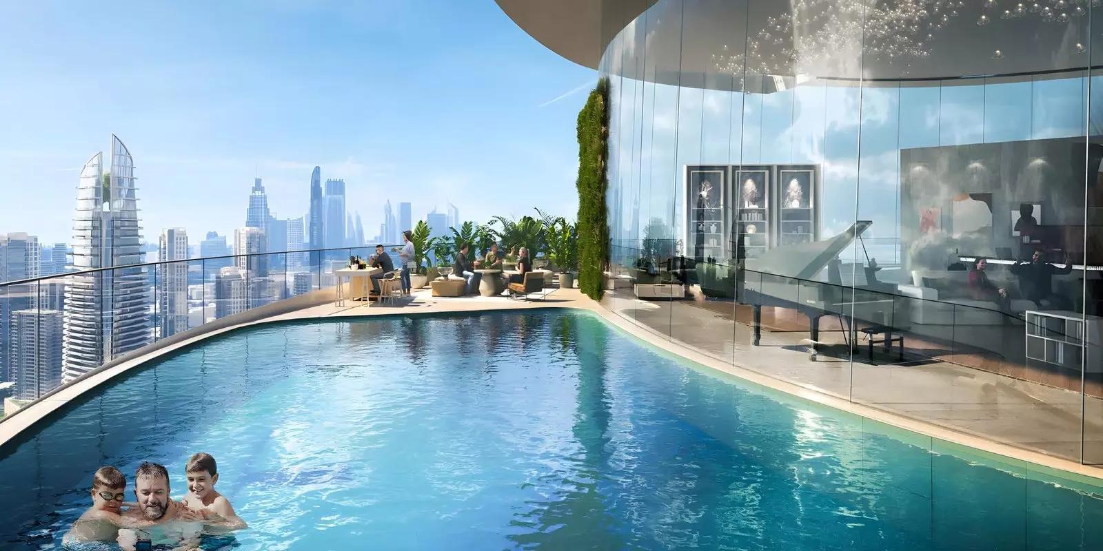 Canal Crown 2 amenity deck with shared pool, Business Bay, Dubai
