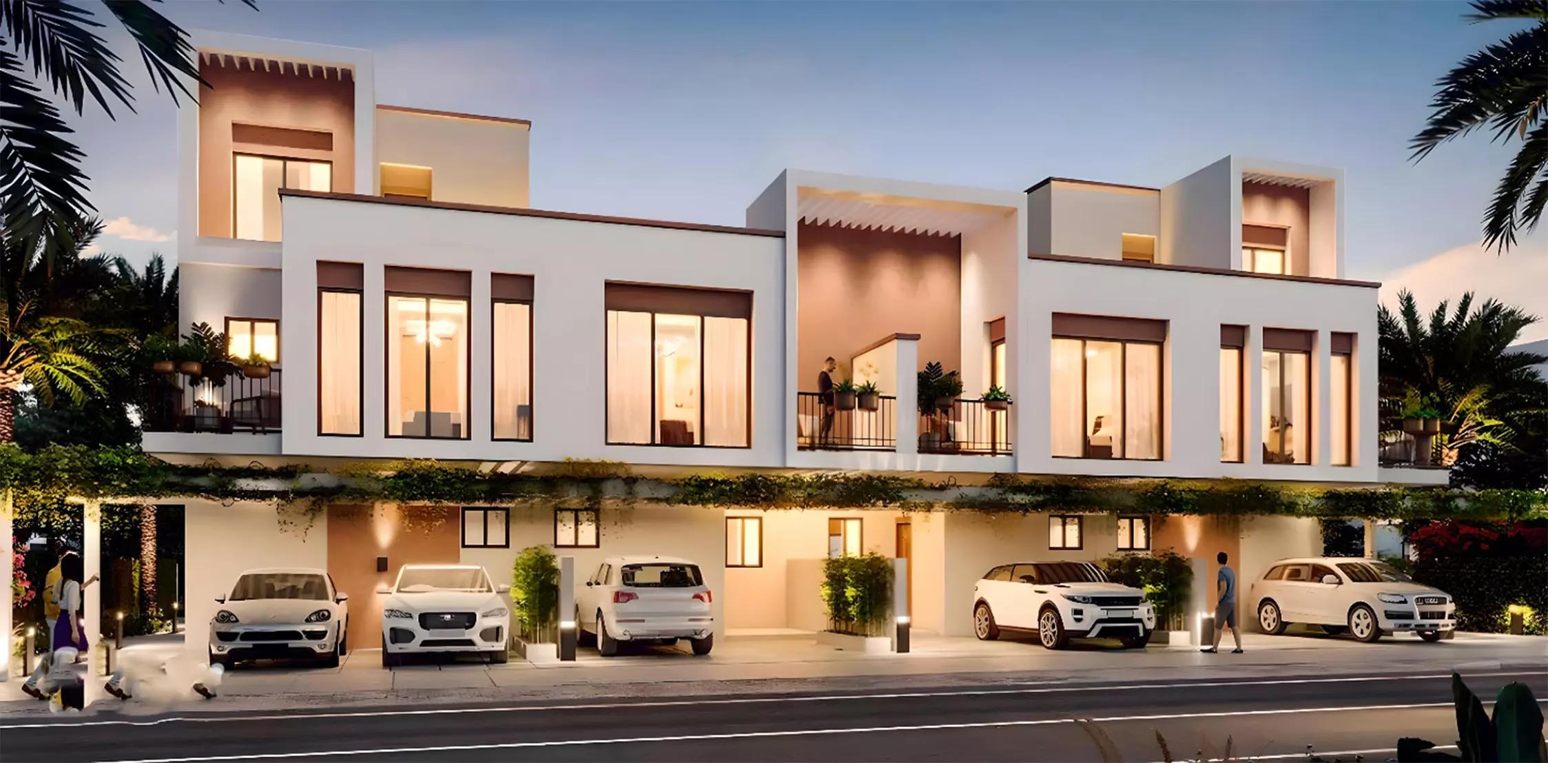 Costa Brava townhouse exterior with landscaped frontage, DAMAC Lagoons, Dubai