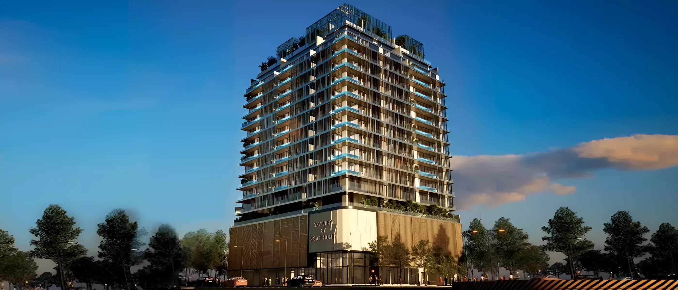 Gharbi 1 Residences building rendering showing balconies and landscaping, Arjan