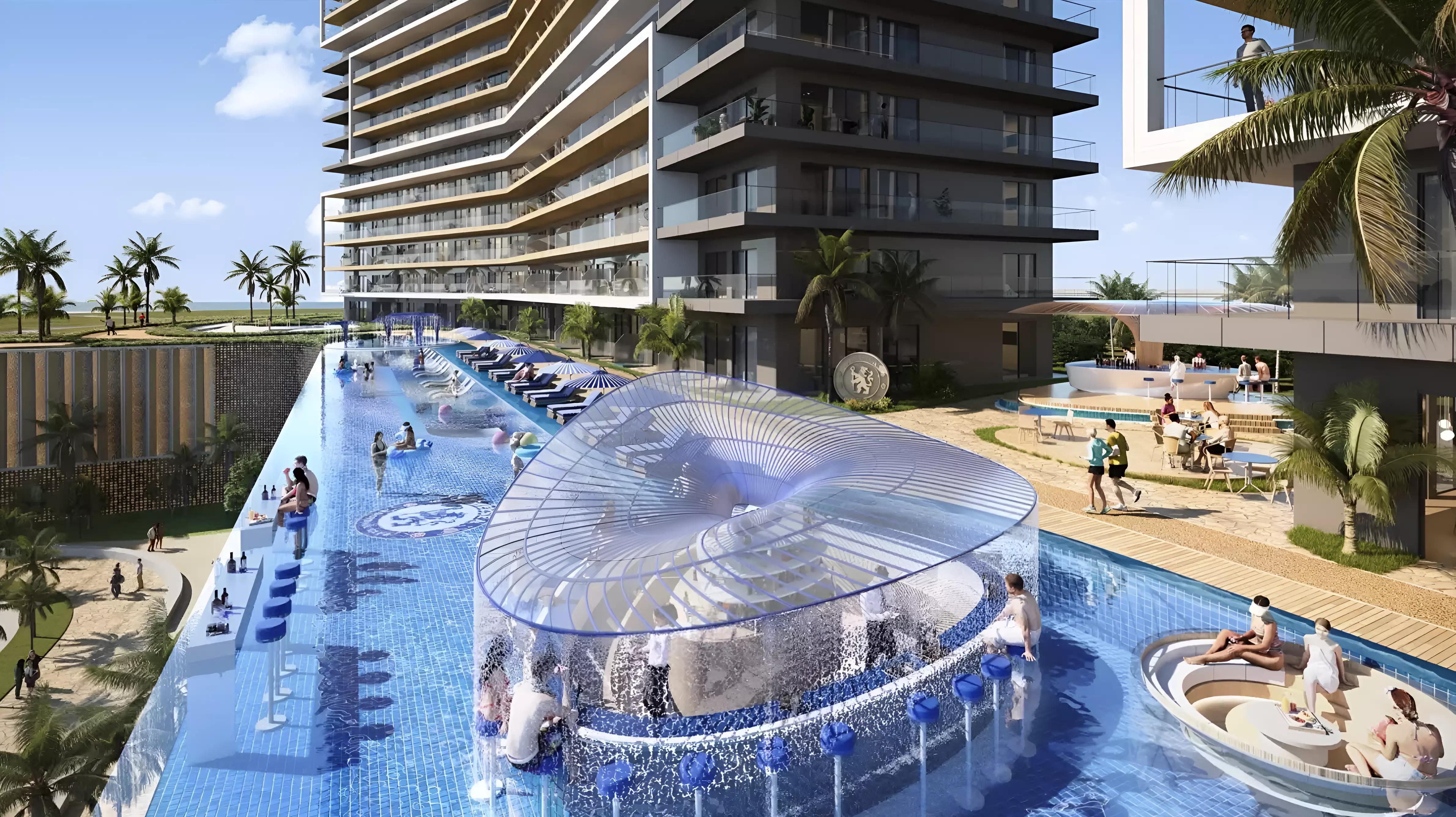 Chelsea Residences landscaped gardens and outdoor seating, Dubai Maritime City