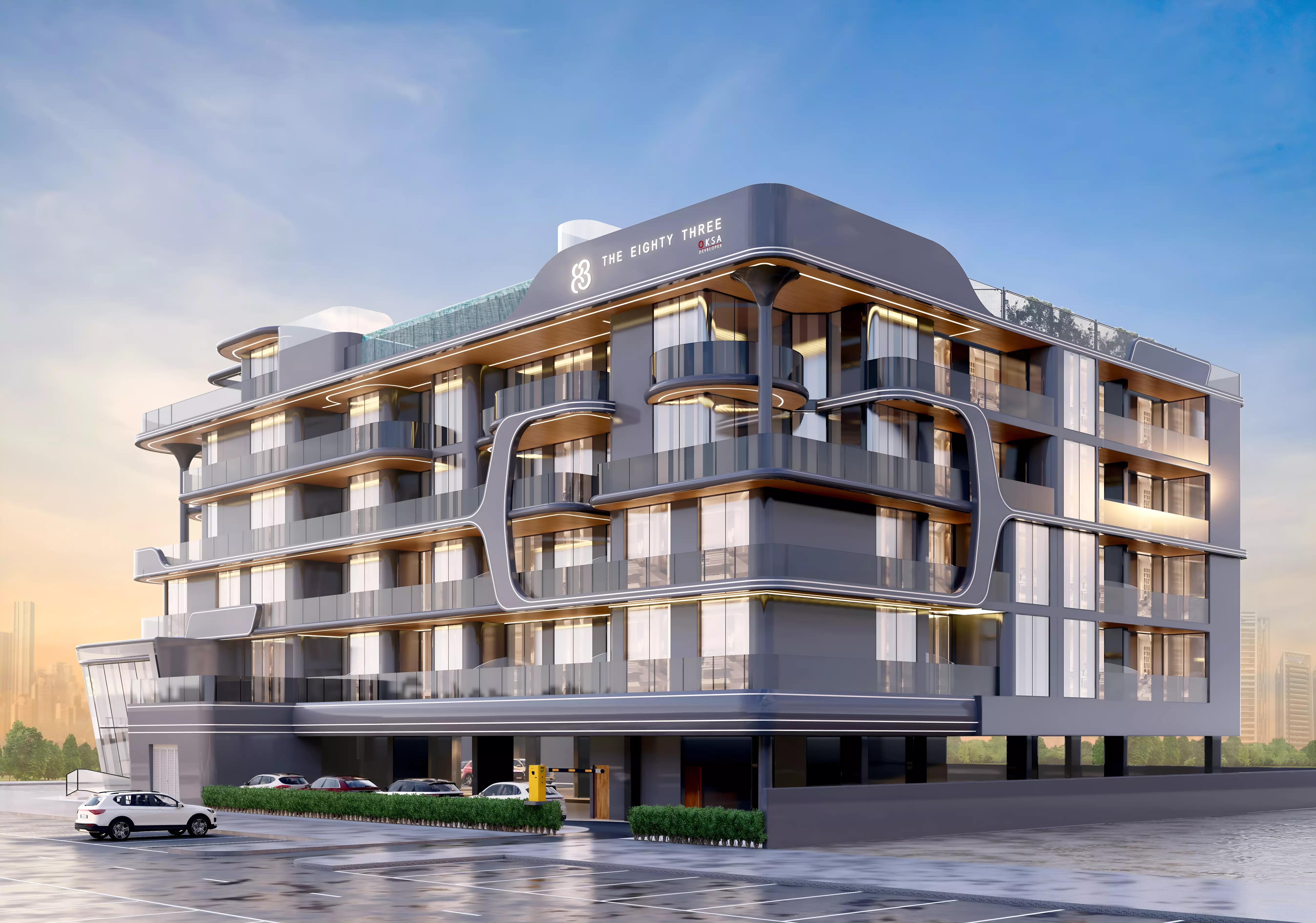 The Eighty Three building entrance and landscaping, Dubai South