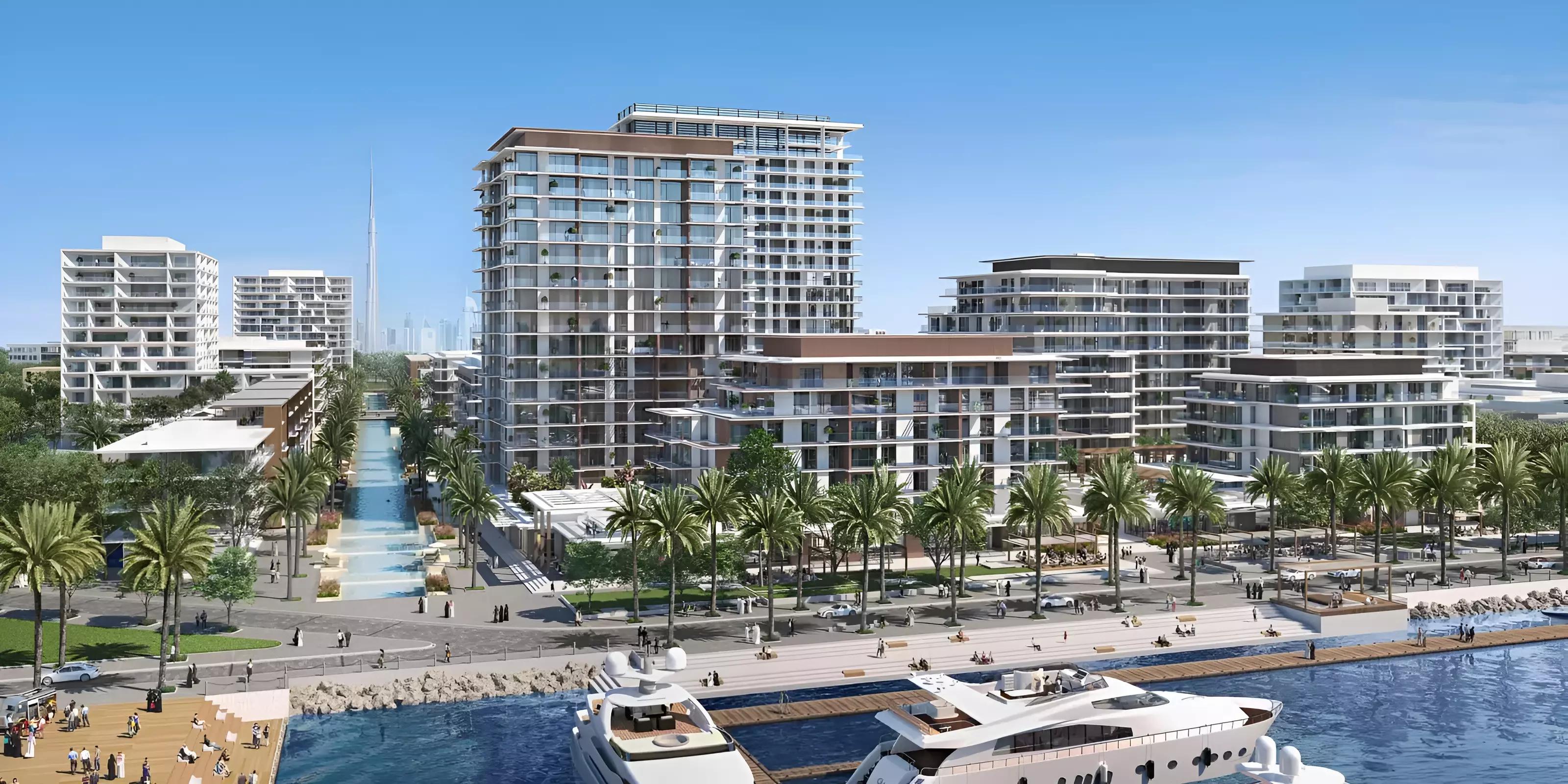 Sunridge residential facade with waterfront masterplan views, Mina Rashid