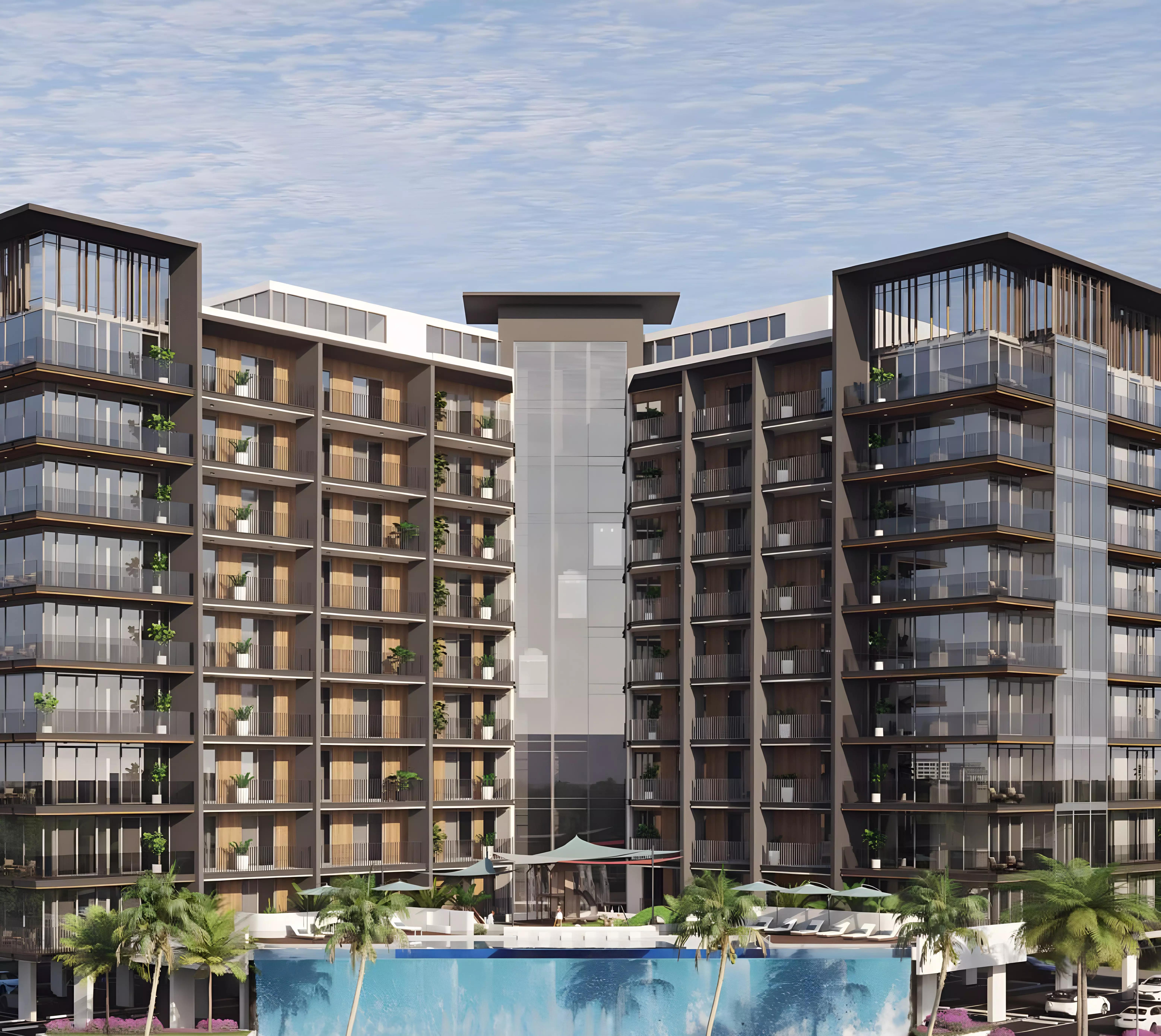 Floarea Oasis building rendering with landscaped surroundings, DLRC, Dubai