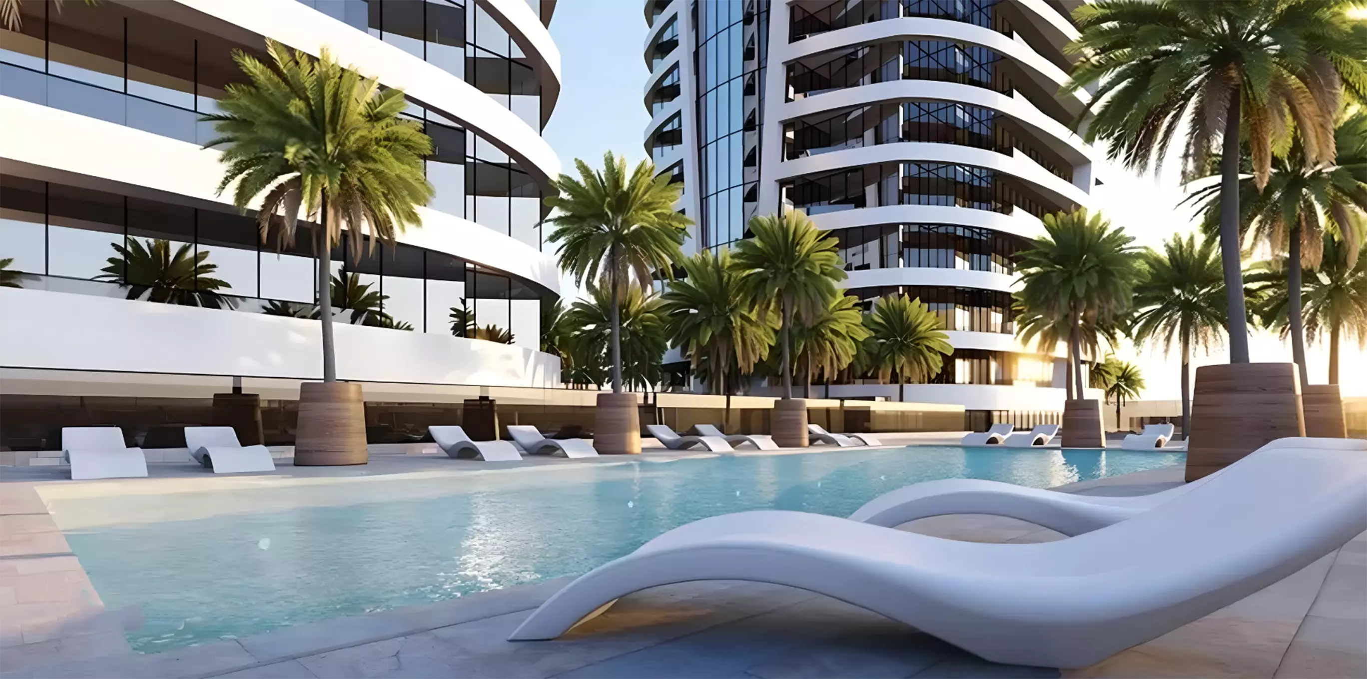 Shared pool and lounge deck at Red Square Tower, Dubai