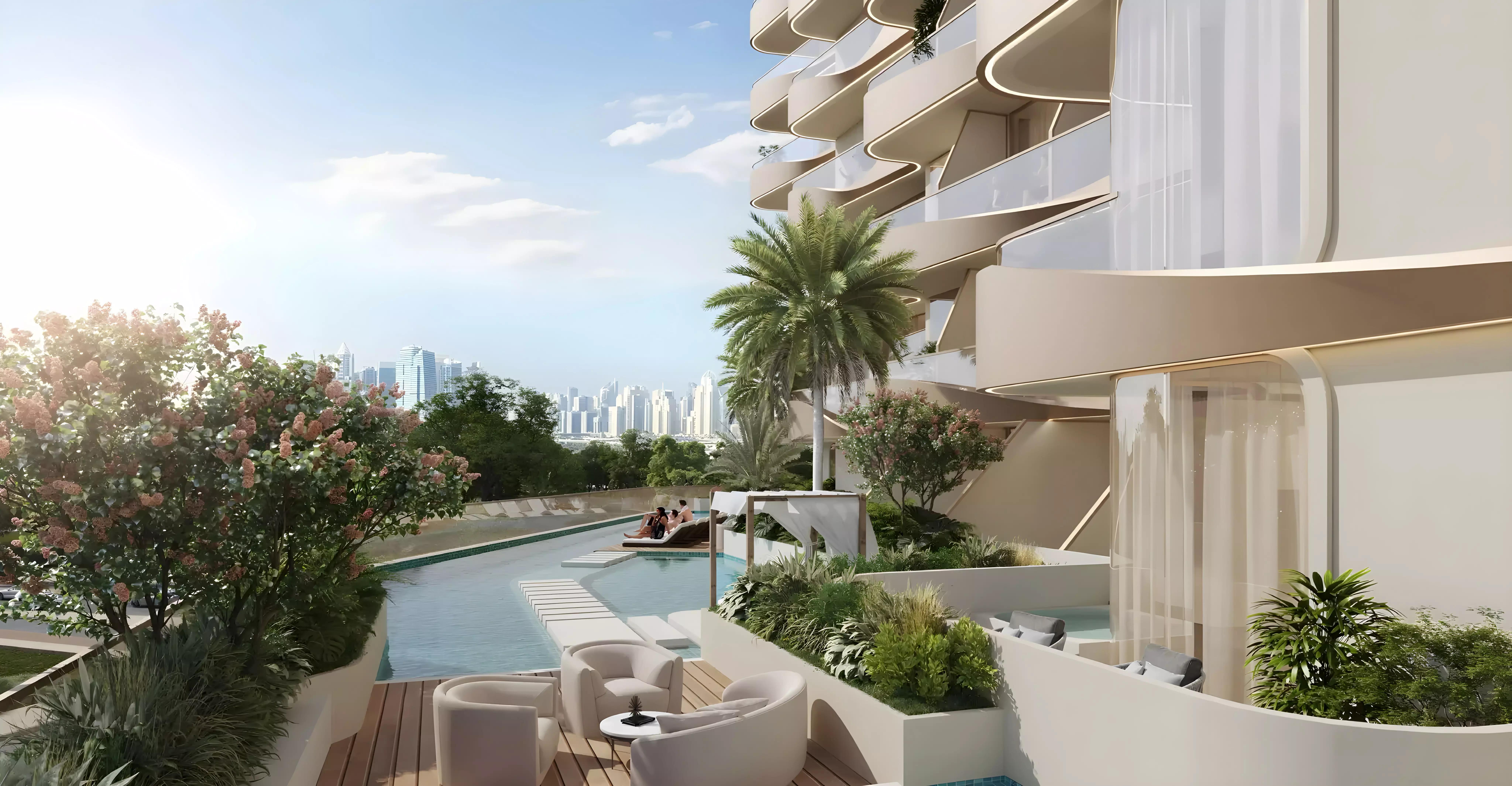 Landscaped grounds and gardens at Nuve by Zoya, Dubai Land Residence Complex