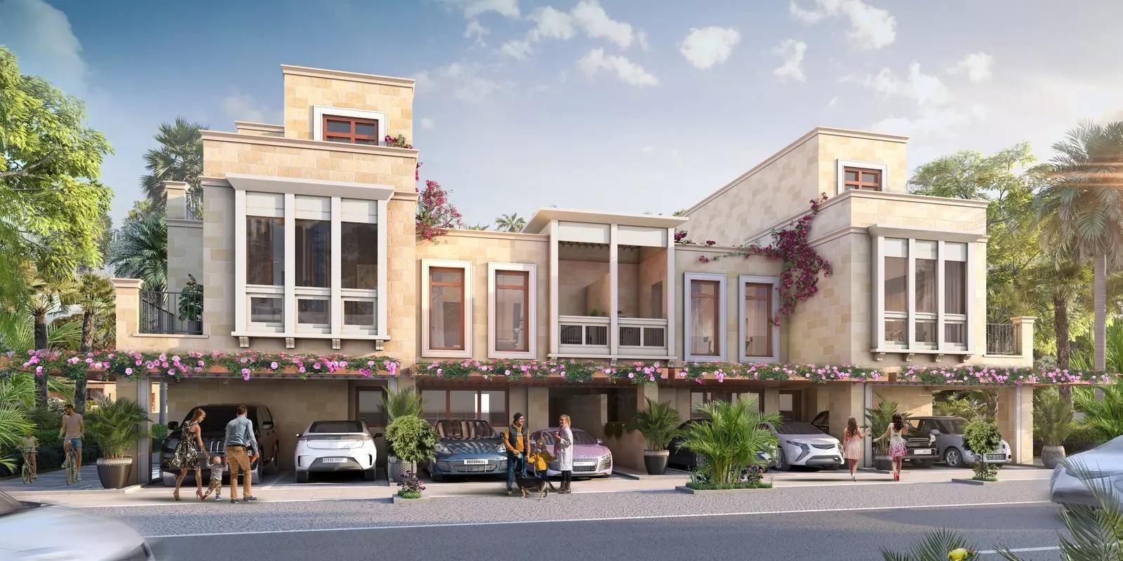 Malta townhouse exterior with private garden at DAMAC Lagoons, Dubai