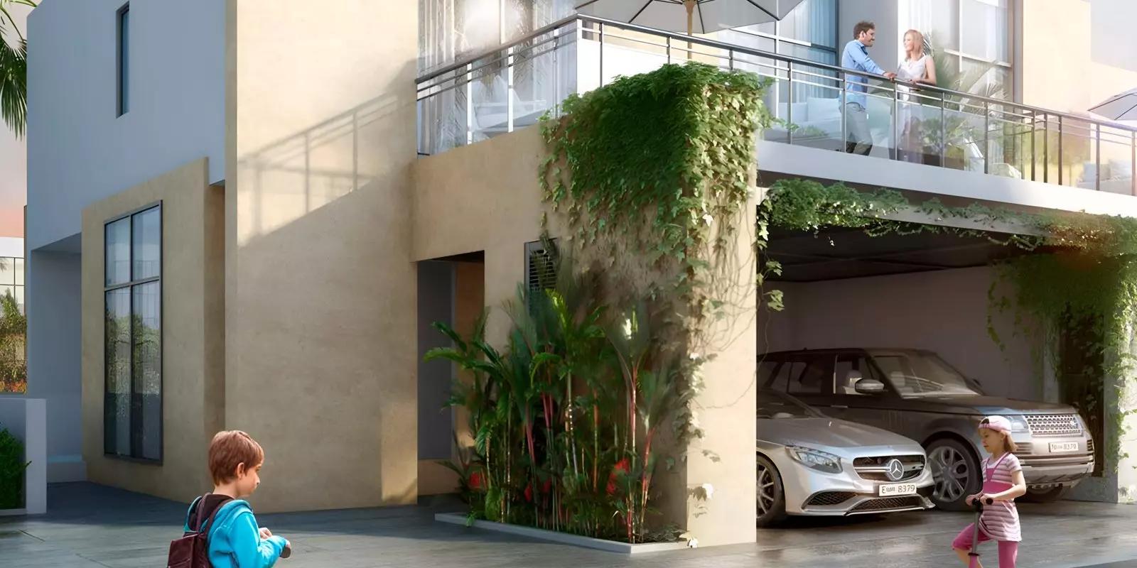 Jade at The Fields townhouse facade and driveway, District 11, Dubai