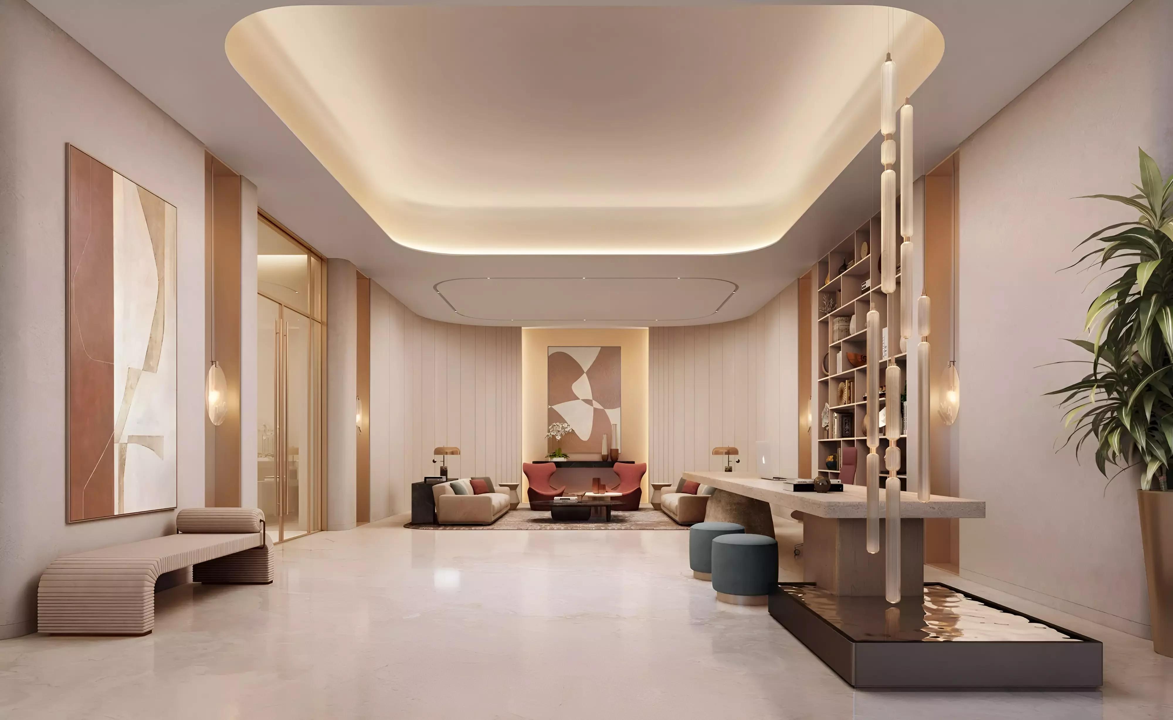 Living room interior at Palm Beach Towers with sea view, Dubai