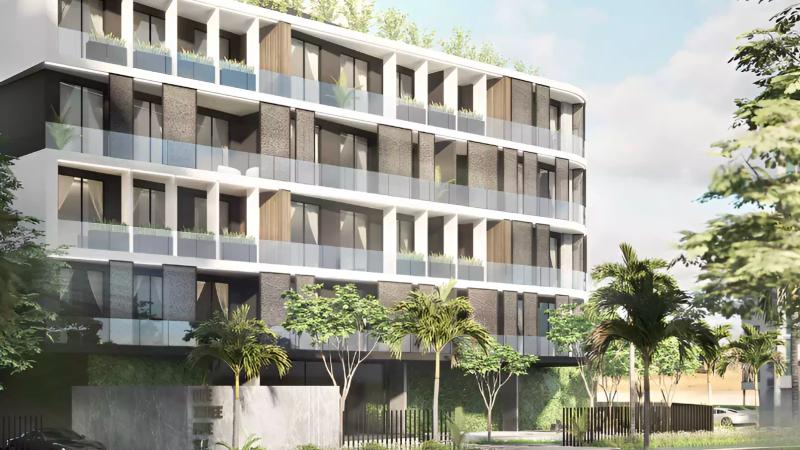 Exterior view of Trafford Residence apartment tower in Dubai South