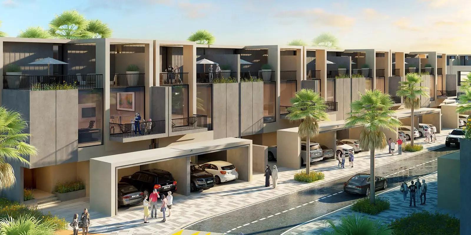 Sevilla Village villa facade and front garden, Victory Heights, Dubai Sports City