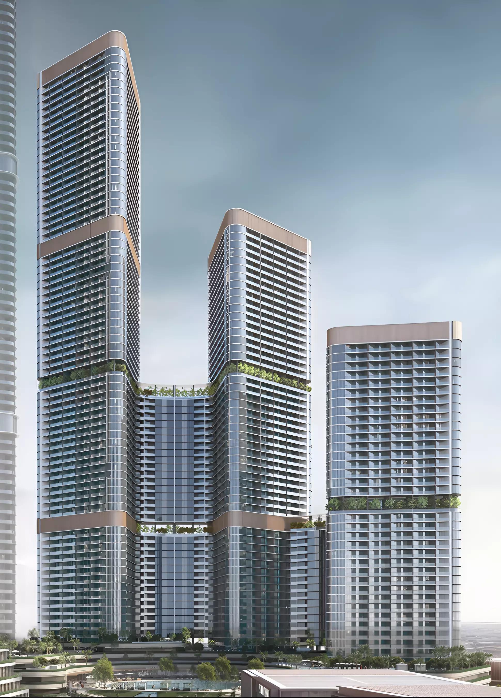Skyvue Solair building facade and podium level, Sobha Hartland II, Dubai