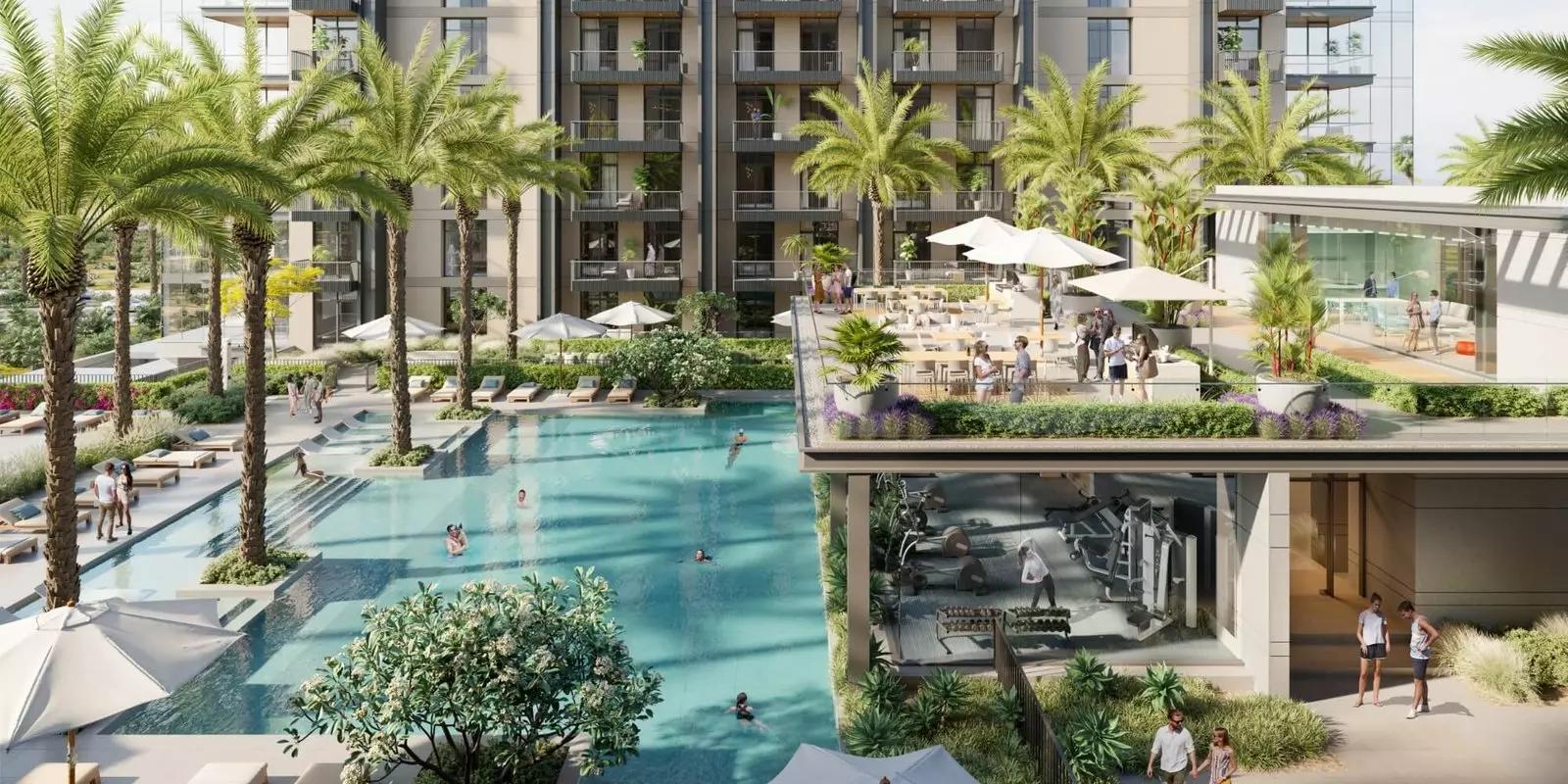 Kensington Waters shared swimming pool deck, Sobha Hartland, Dubai