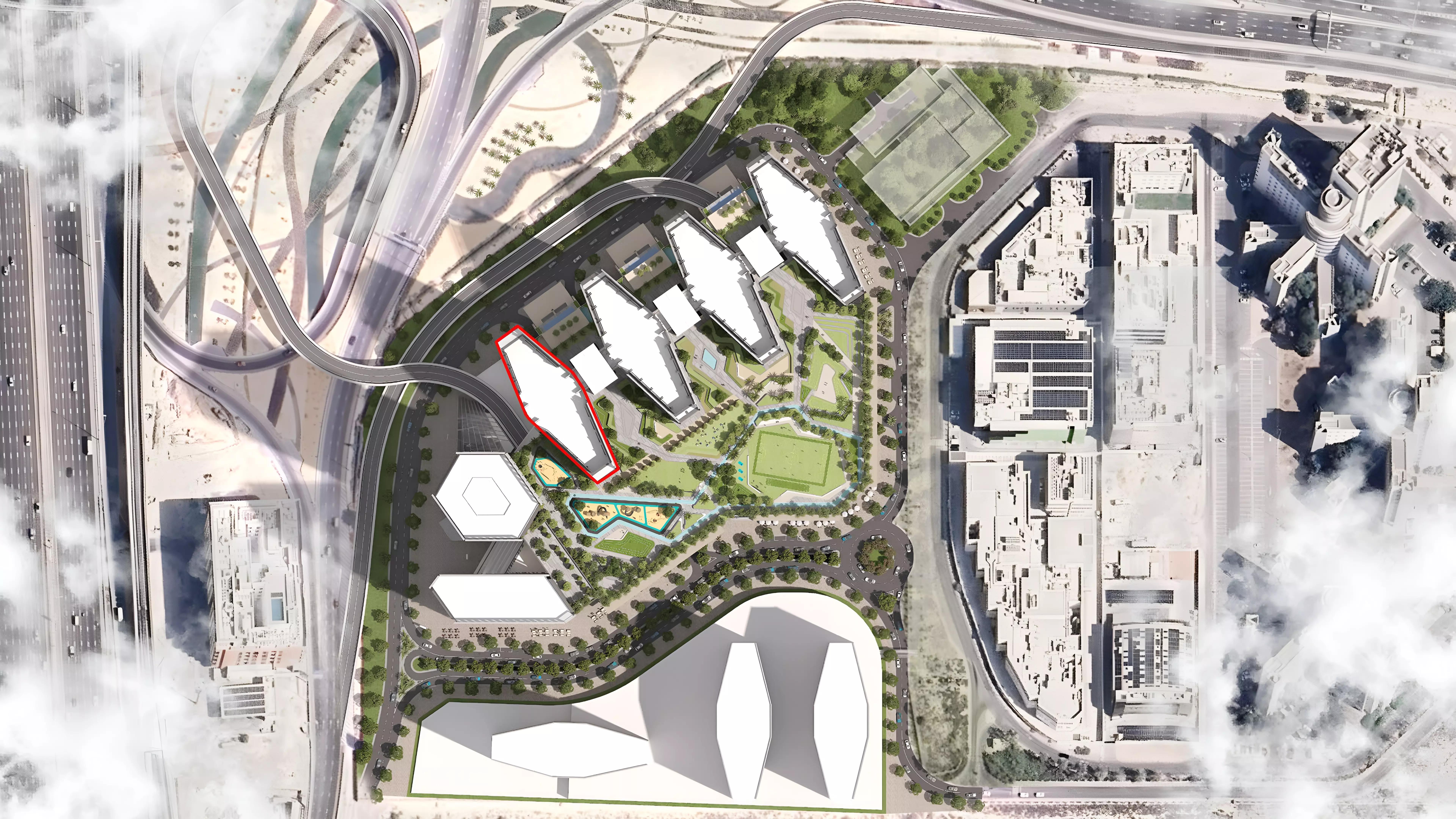 Sobha Central Phase 1 master plan layout showing community facilities, Jebel Ali
