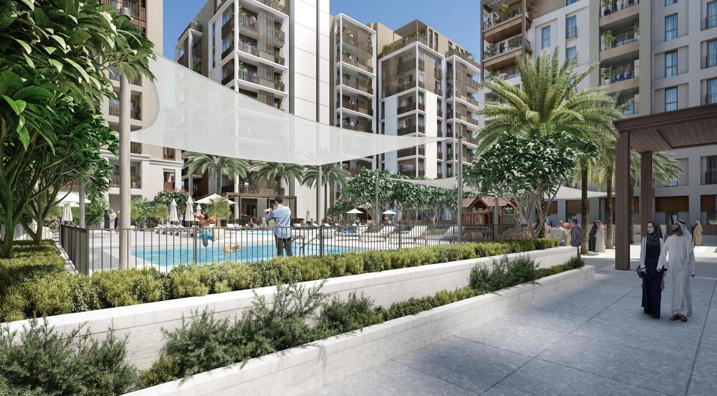 The Grove at Creek Beach podium swimming pool and shaded lounge deck