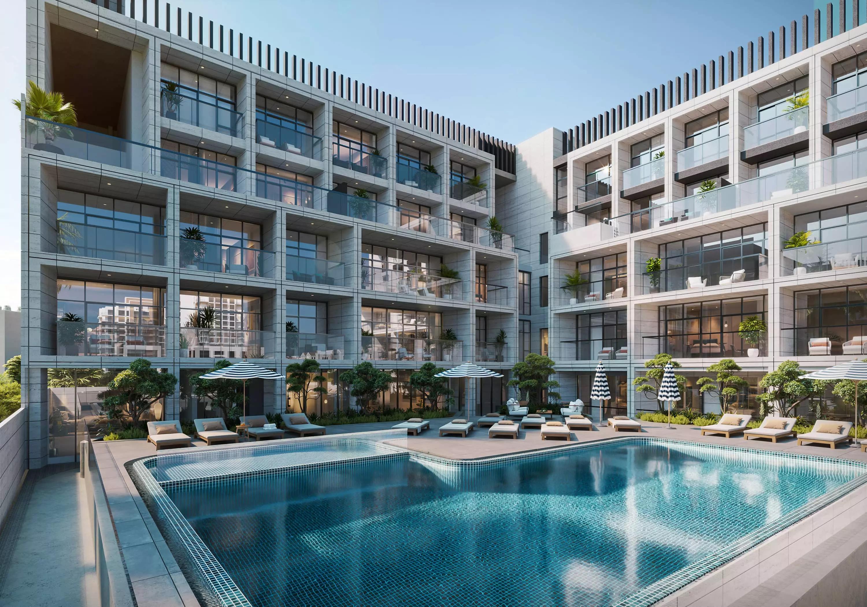 Cubix Residences shared swimming pool deck, Jumeirah Village Circle