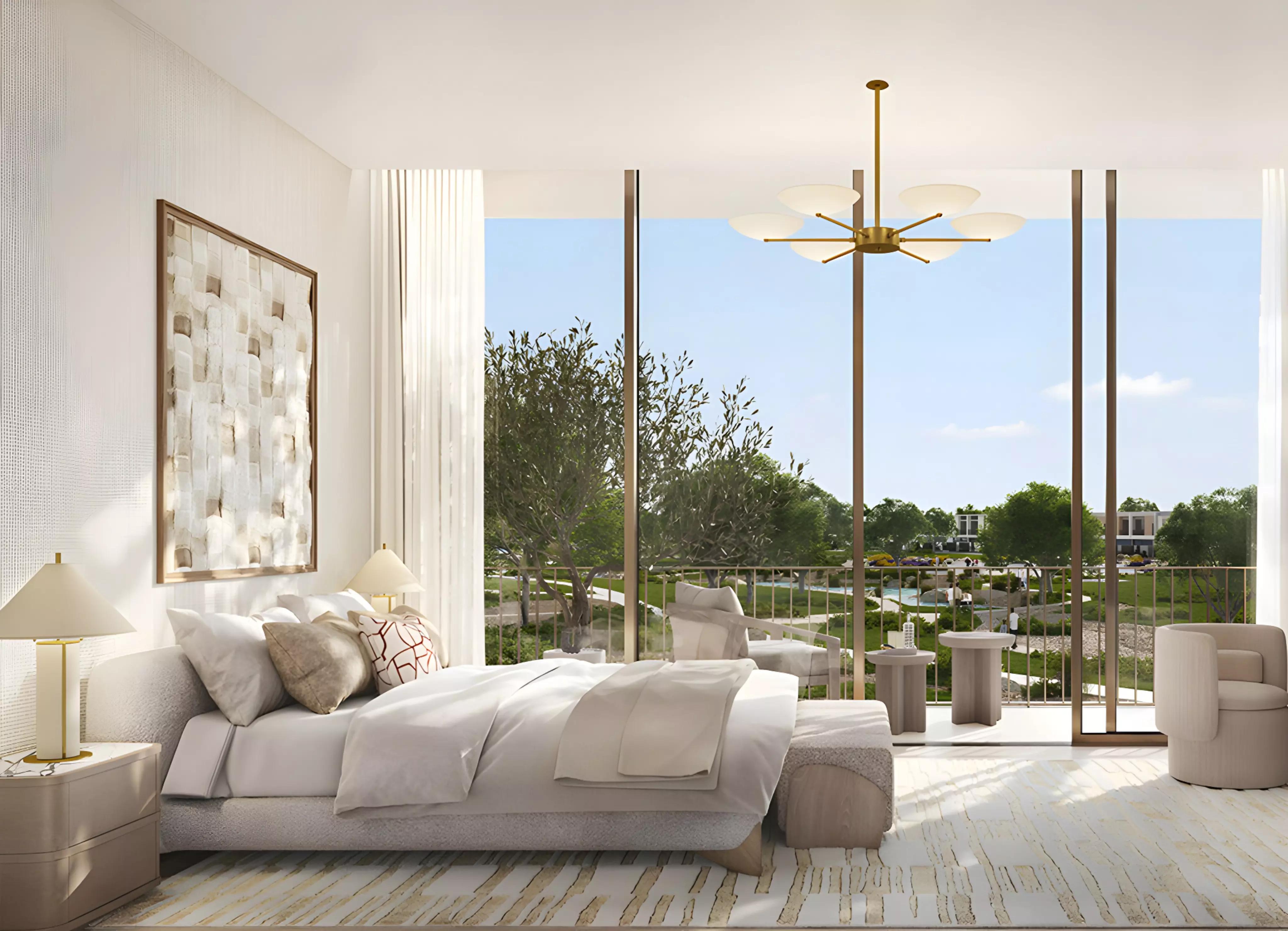 Vindera townhouse row facing community park, The Valley, Dubai