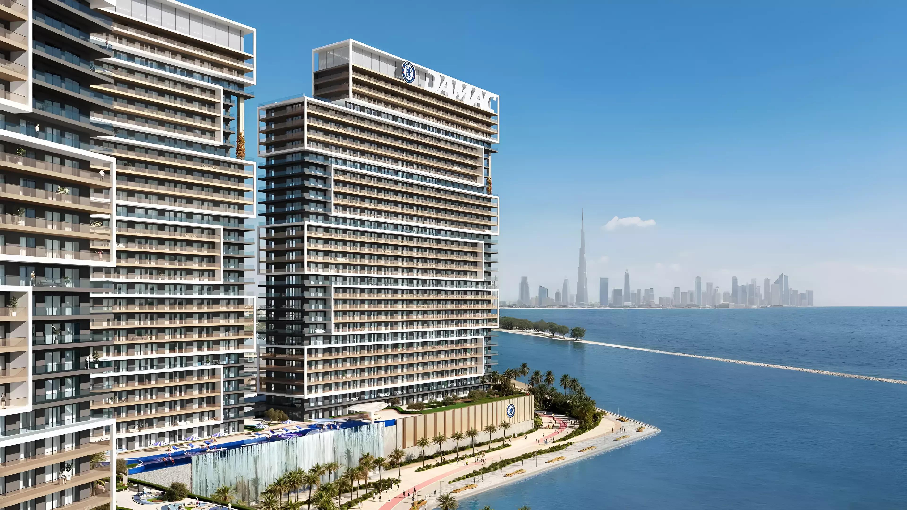 Chelsea Residences building facade and entrance, Dubai Maritime City
