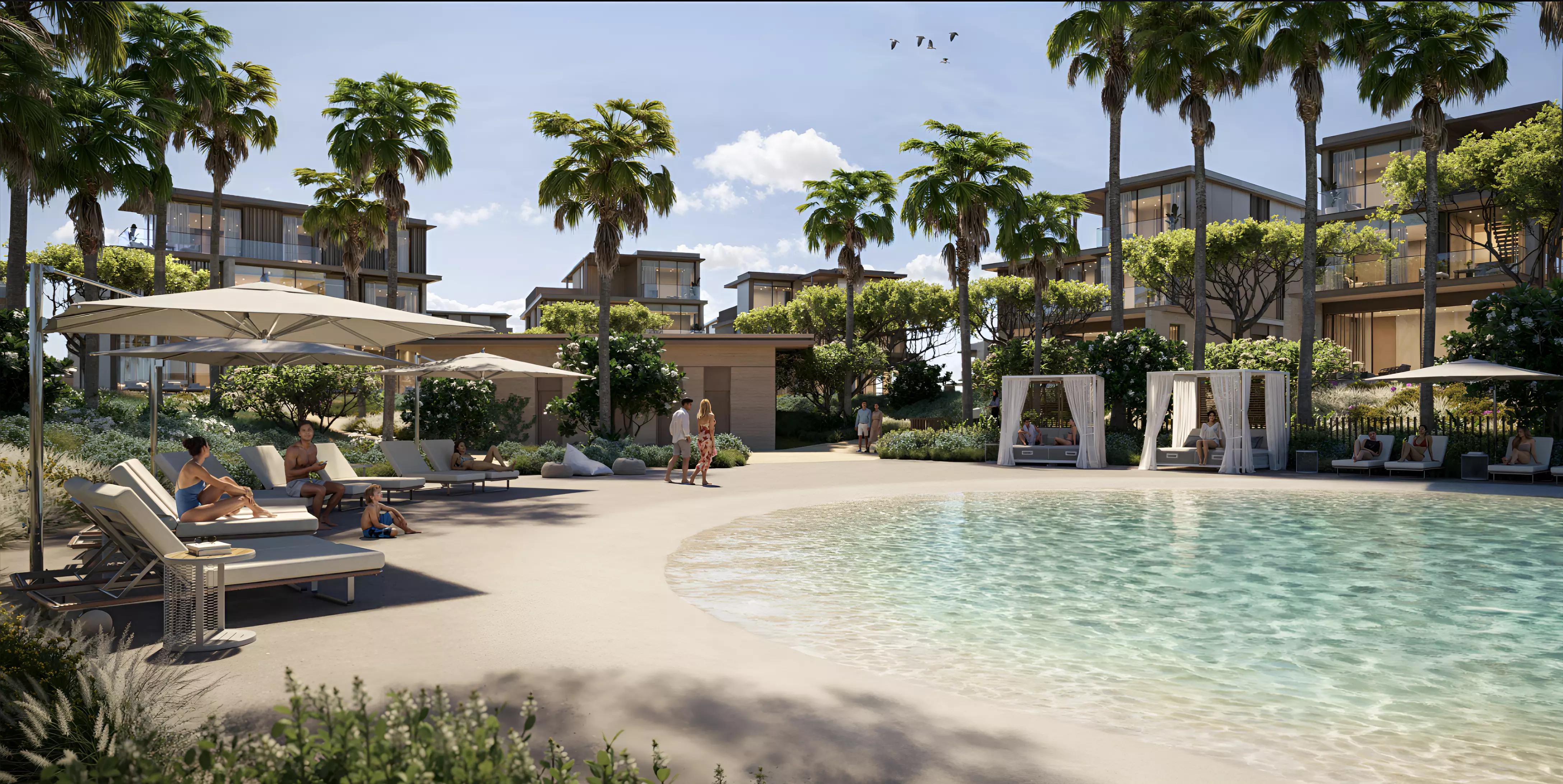 Nad Al Sheba Gardens Phase 7 exterior view of townhouse cluster with landscaped street, Nad Al Sheba, Dubai