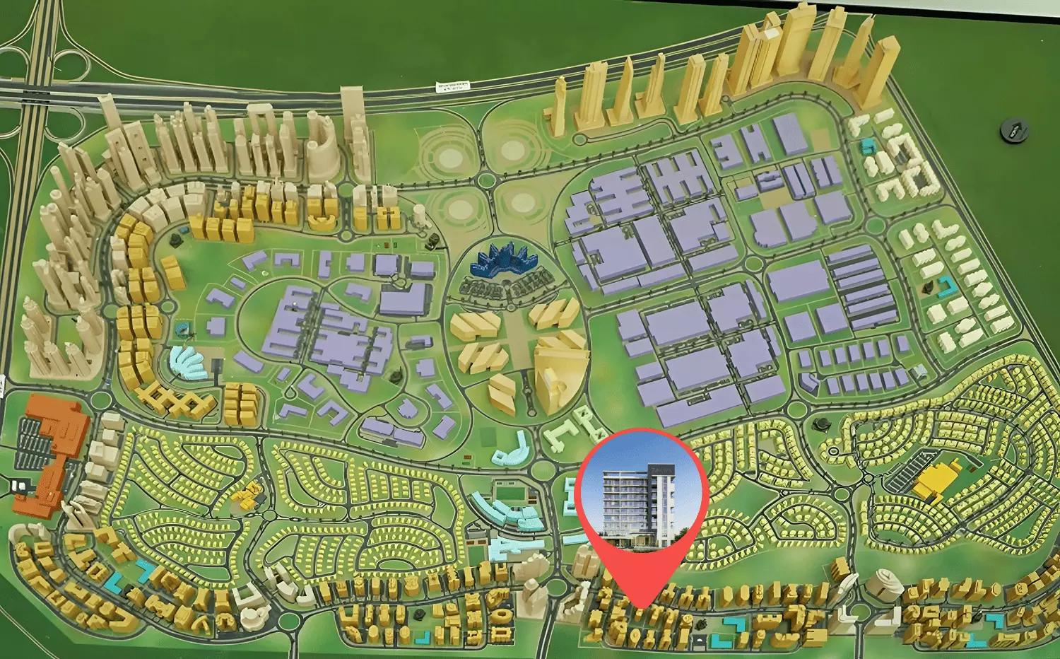 Belle Vie master plan layout showing building placement and amenities, Dubai Silicon Oasis