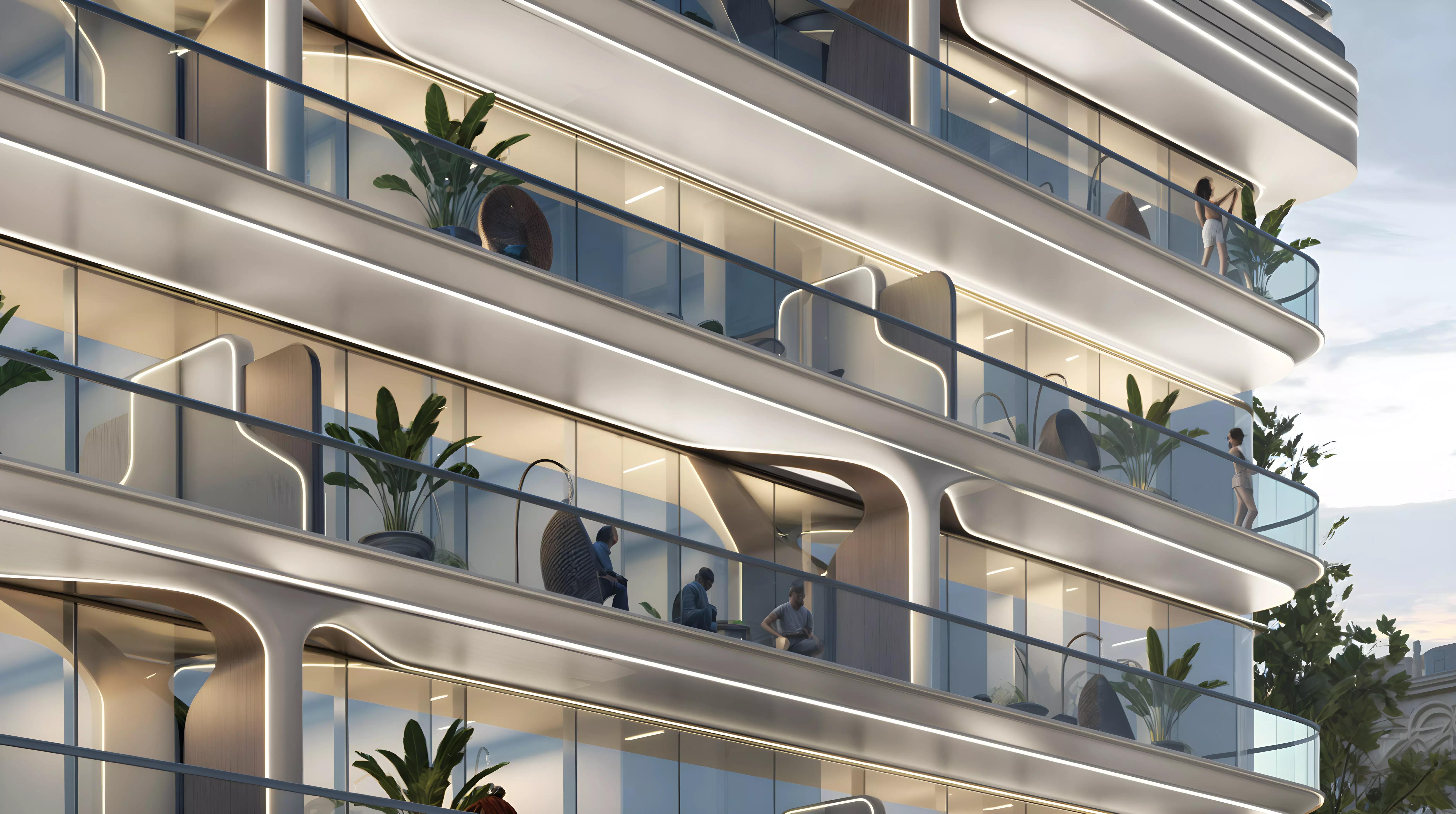 Divine Elements exterior render with landscaped grounds, Dubai South