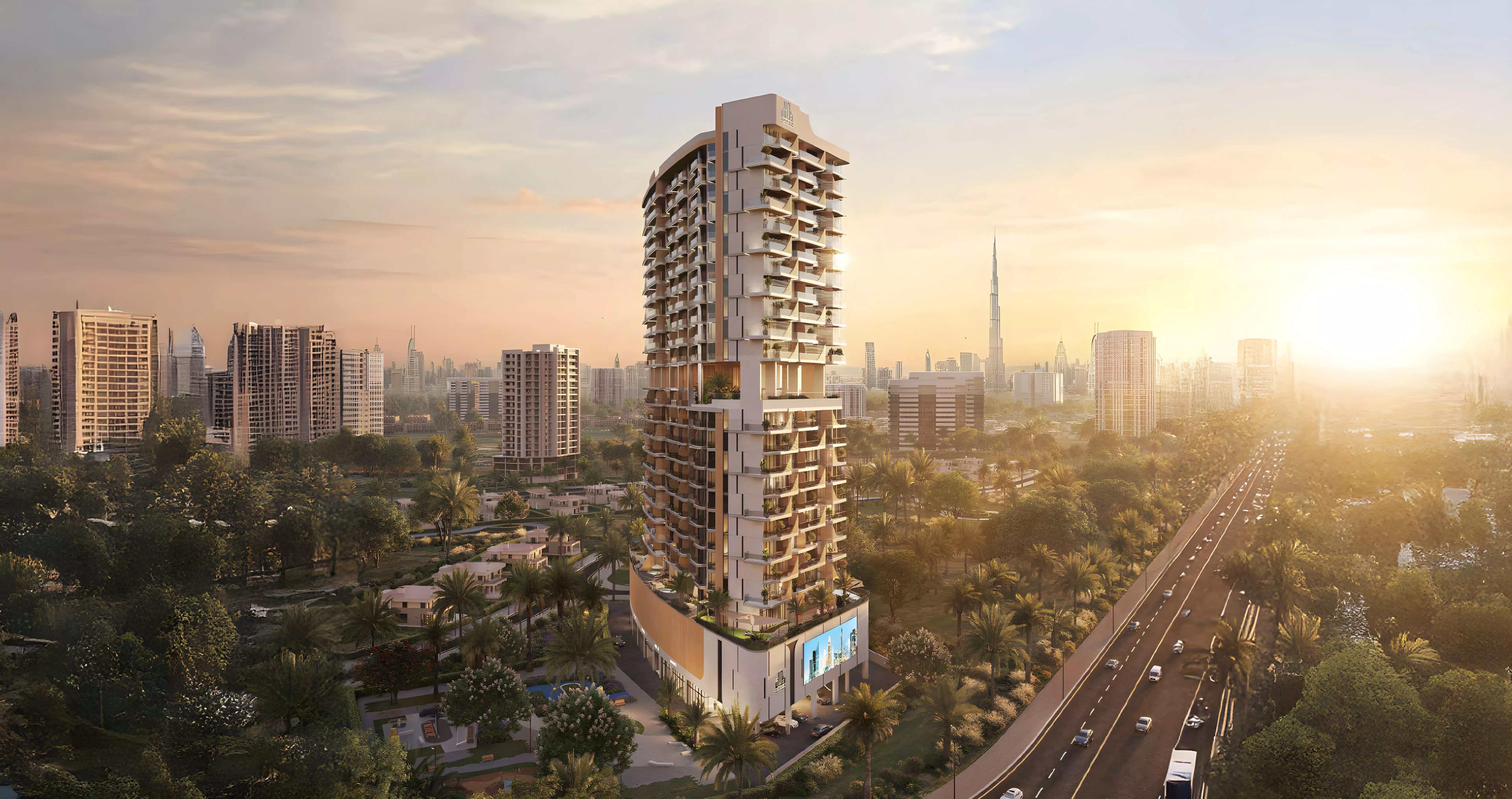 Rabdan Gate building exterior at dusk, Majan, Dubai
