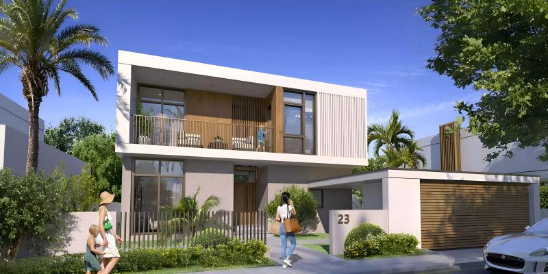Tilal Al Furjan villa exterior with driveway and landscaping, Al Furjan, Dubai