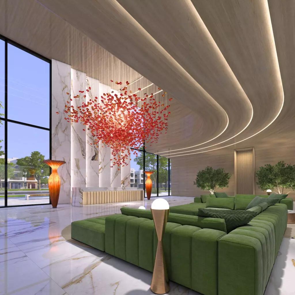 Lobby interior of The Vybe residential tower in JVC, Dubai